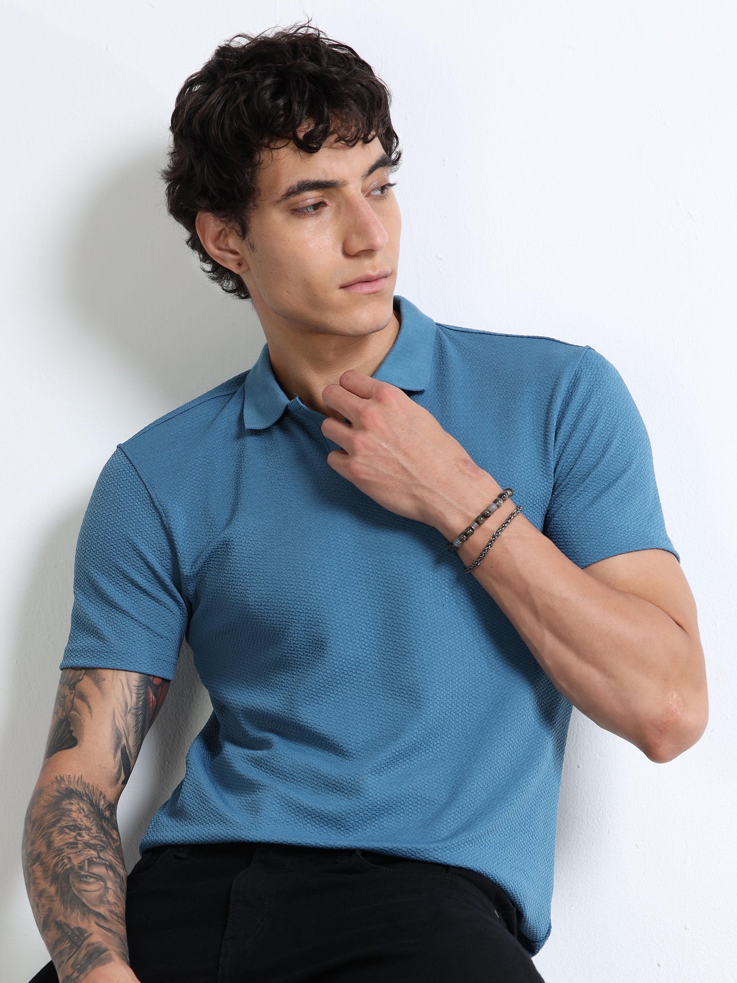 Men’s Textured Knit Polo – Teal Blue