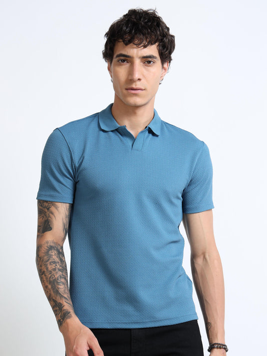 Men’s Textured Knit Polo – Teal Blue