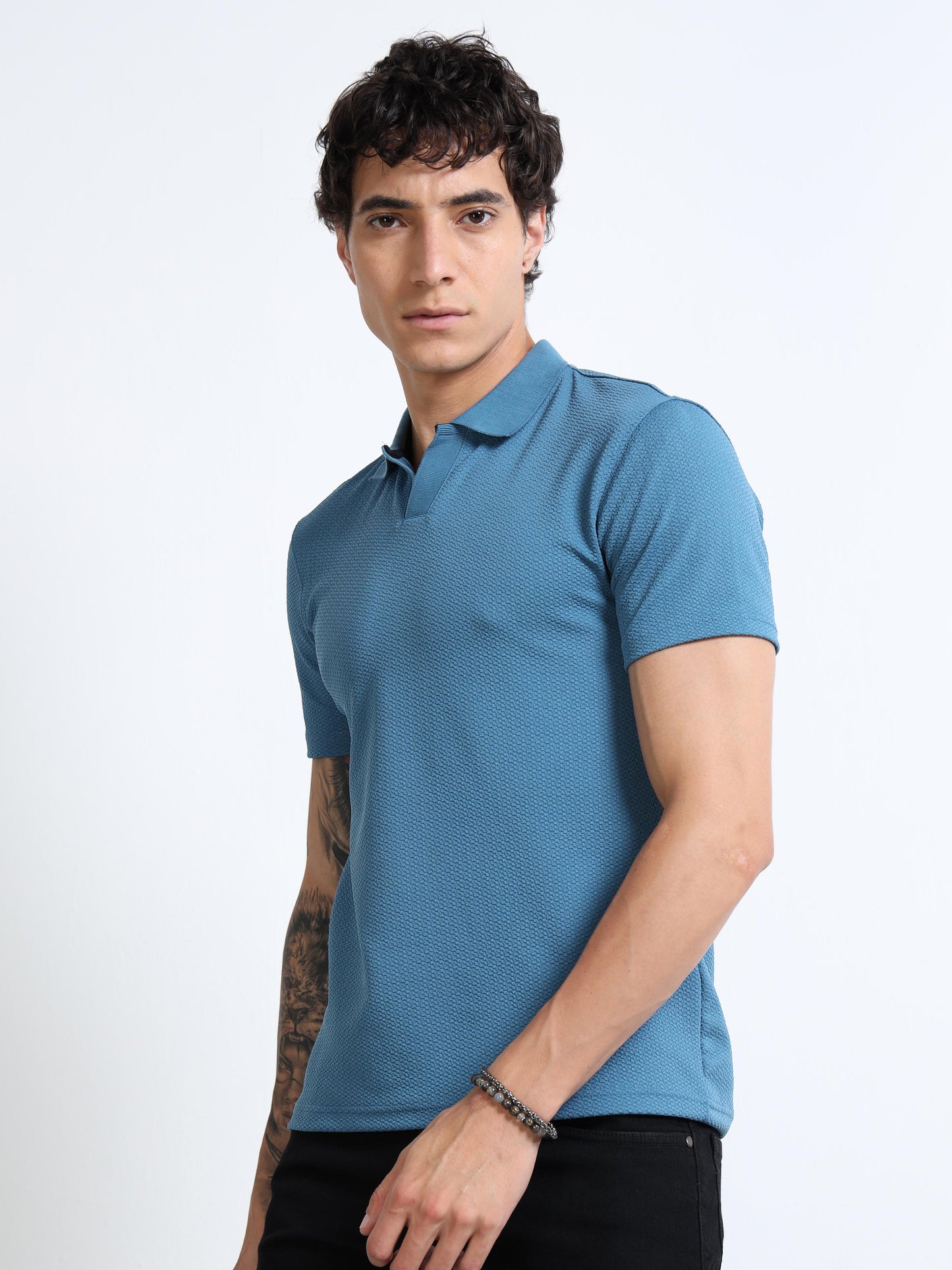 Men’s Textured Knit Polo – Teal Blue