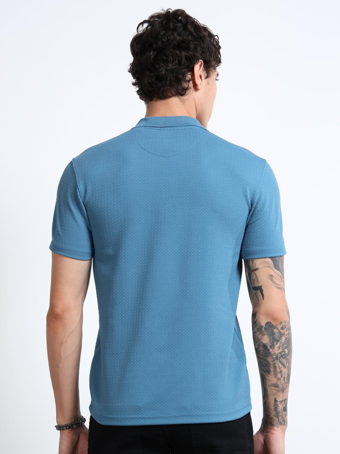 Men’s Textured Knit Polo – Teal Blue