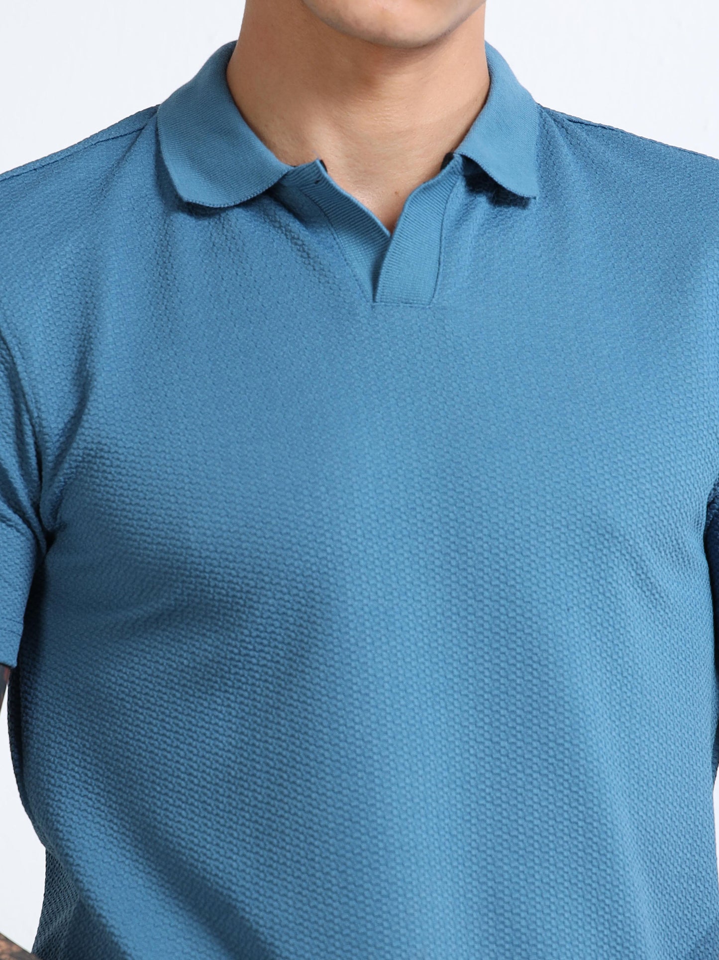 Men’s Textured Knit Polo – Teal Blue
