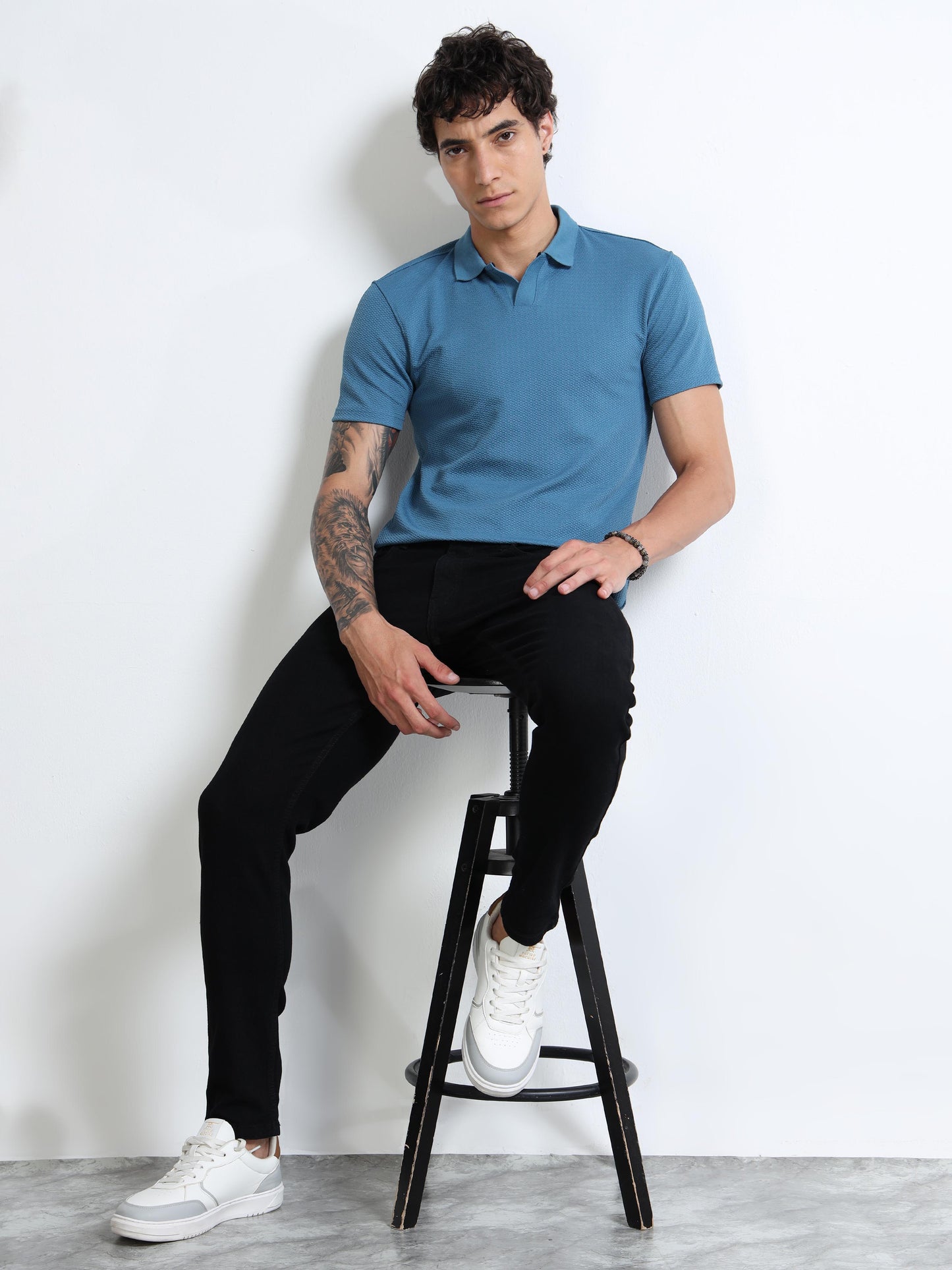 Men’s Textured Knit Polo – Teal Blue