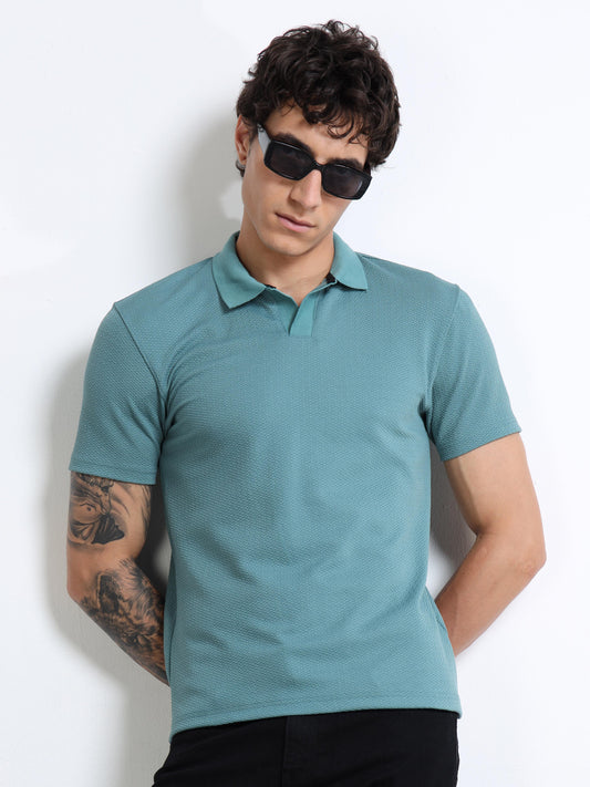 Men’s Textured Knit Polo – Seafoam Teal