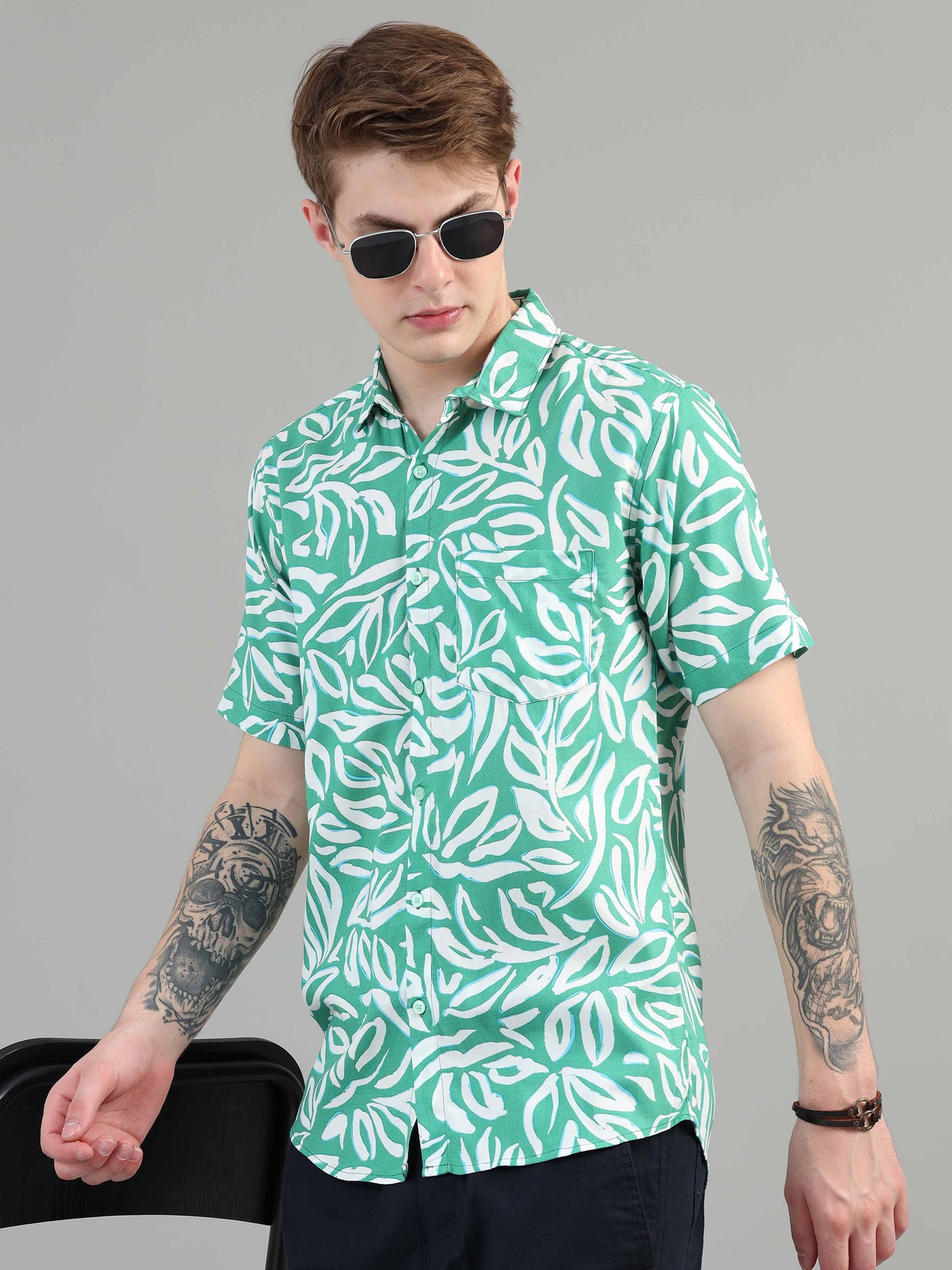 Sea Green Leaf Printed rayon material shirt for men