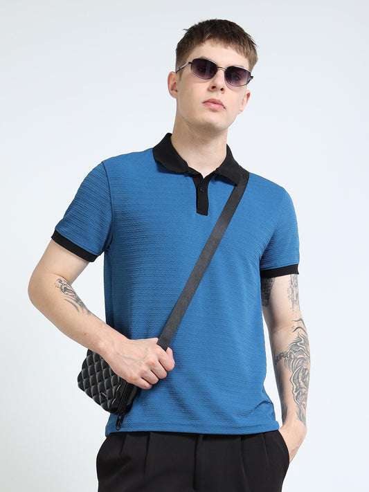 Men’s Contrast-Collar Textured Polo – Ocean Blue/Black