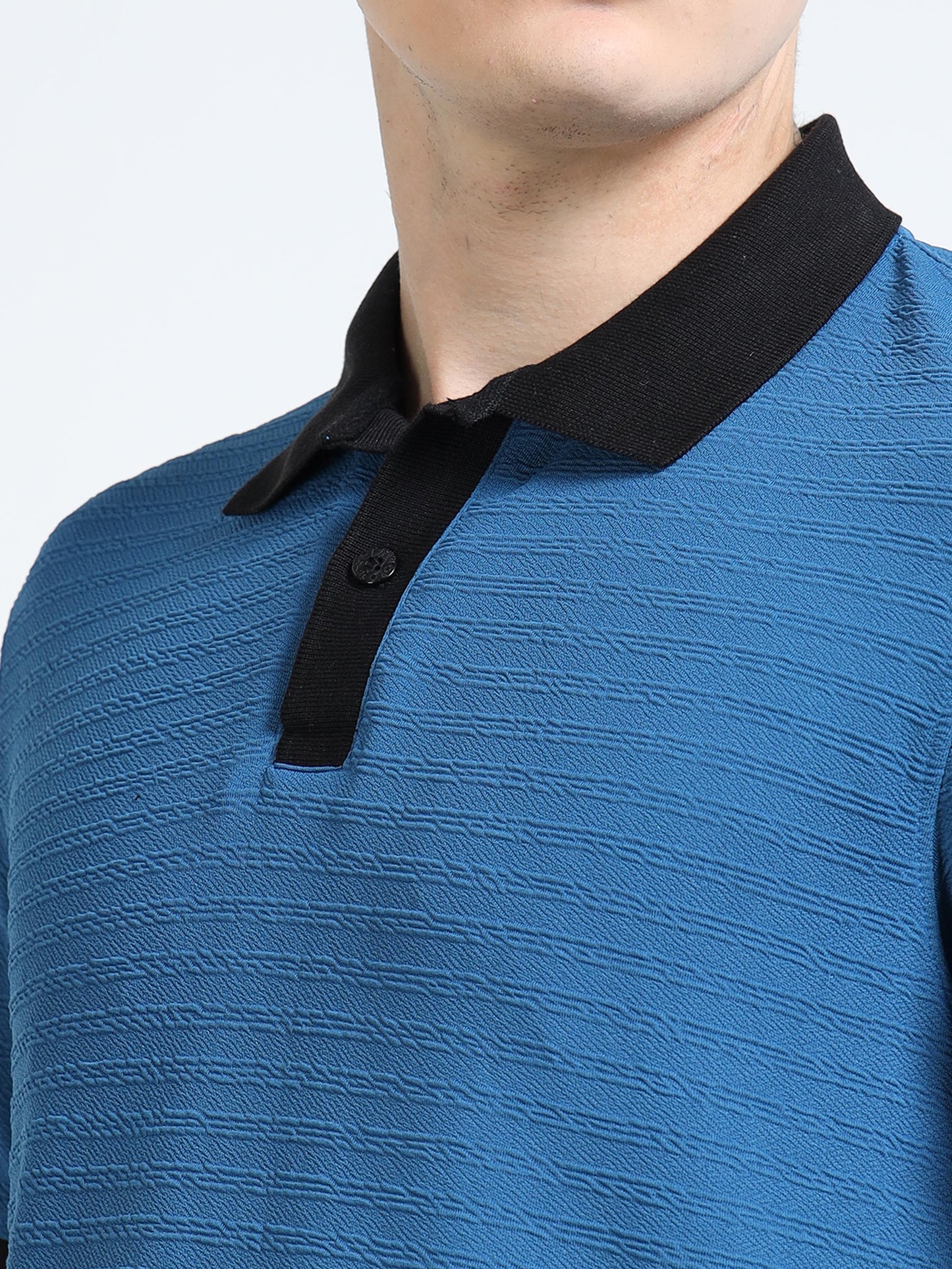 Men’s Contrast-Collar Textured Polo – Ocean Blue/Black