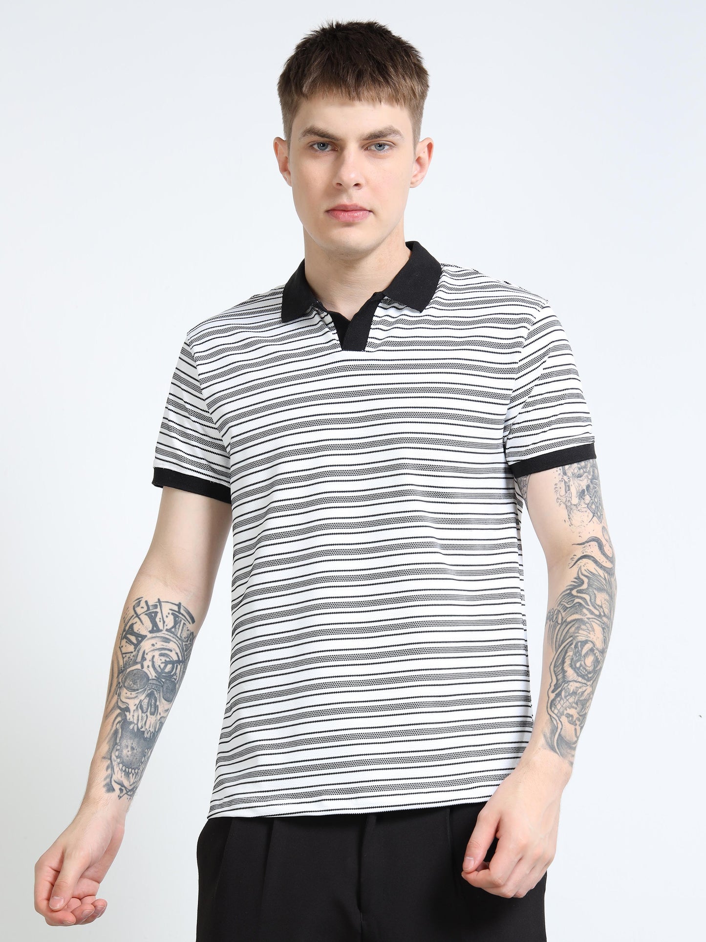 Men’s Contrast-Collar Stripe Polo – White/Black