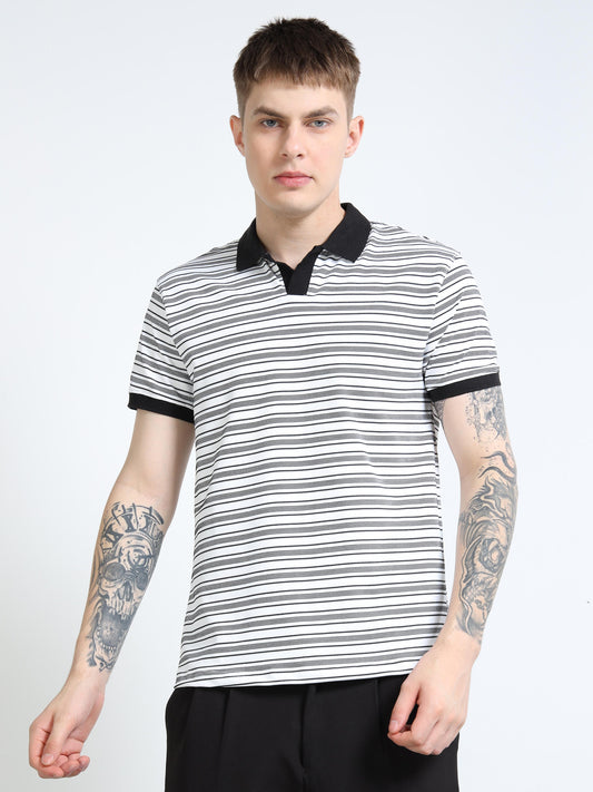 Men’s Contrast-Collar Stripe Polo – White/Black