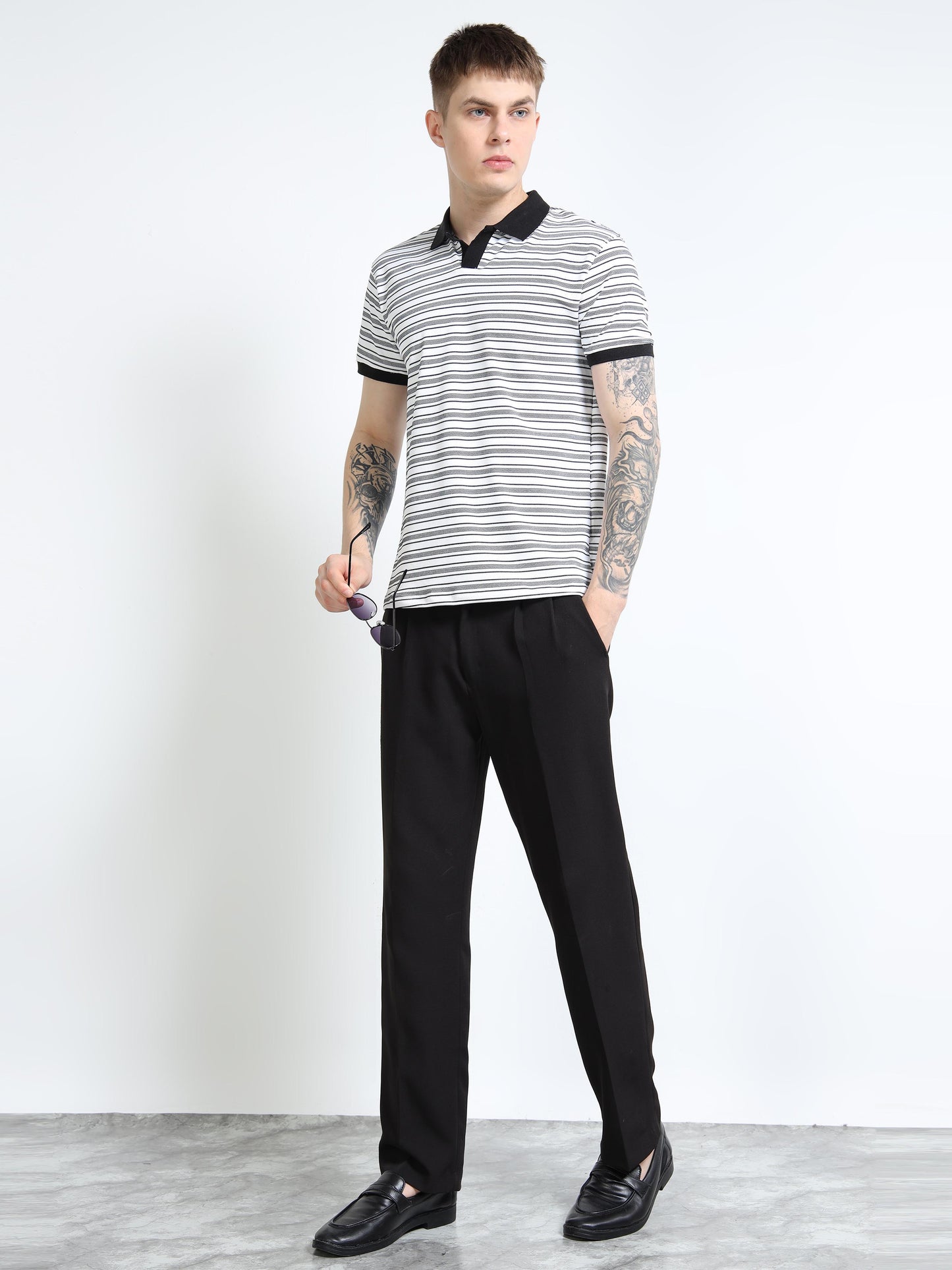 Men’s Contrast-Collar Stripe Polo – White/Black