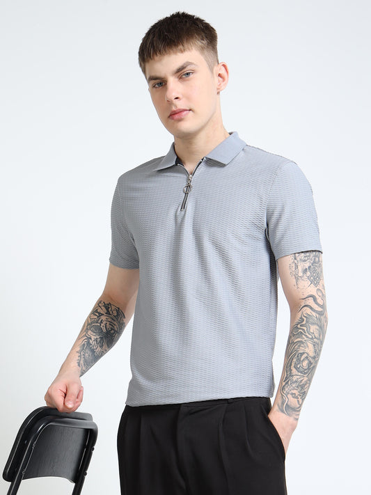 Men’s Textured Quarter-Zip Polo – Ash Grey