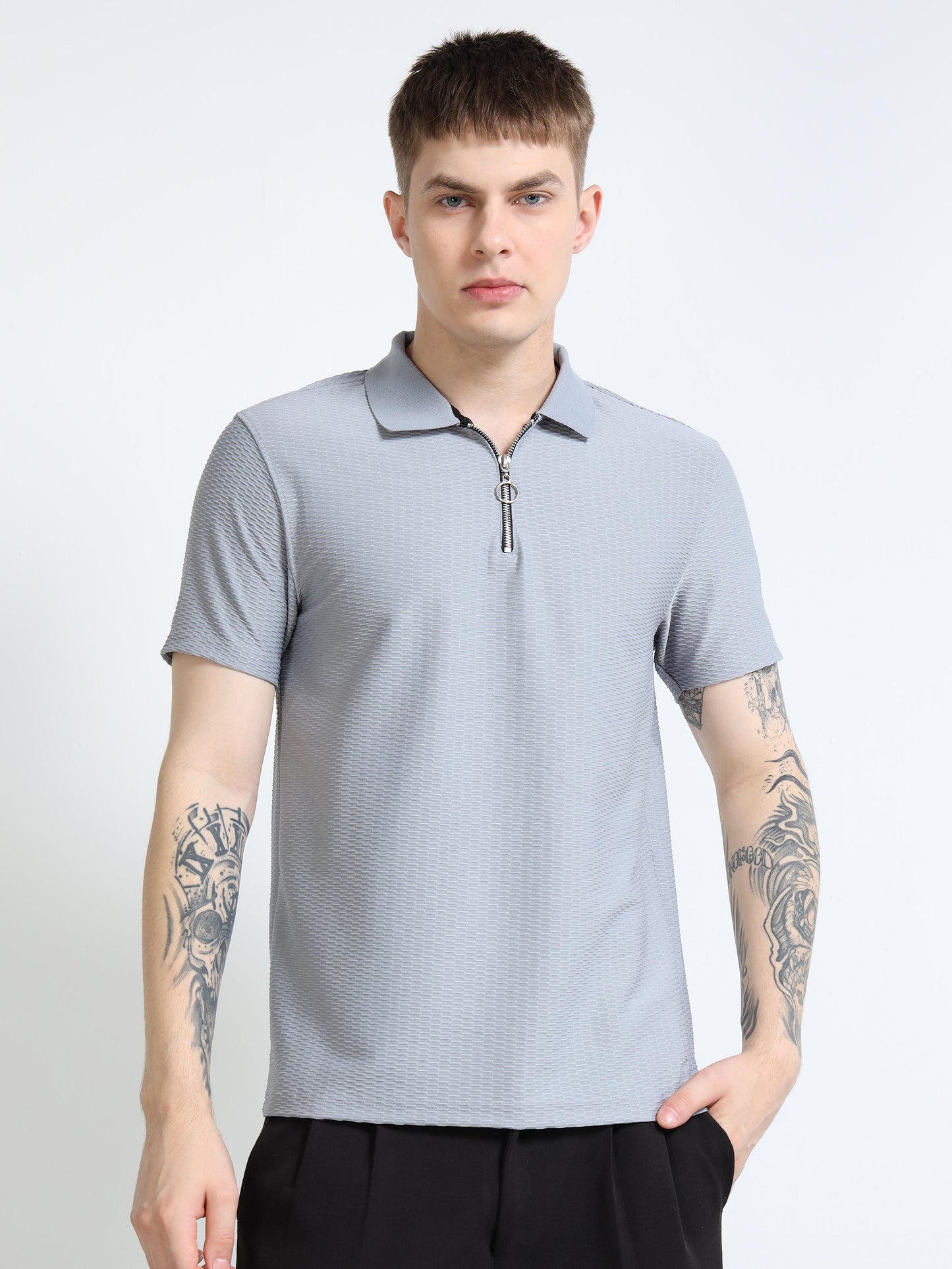Men’s Textured Quarter-Zip Polo – Ash Grey