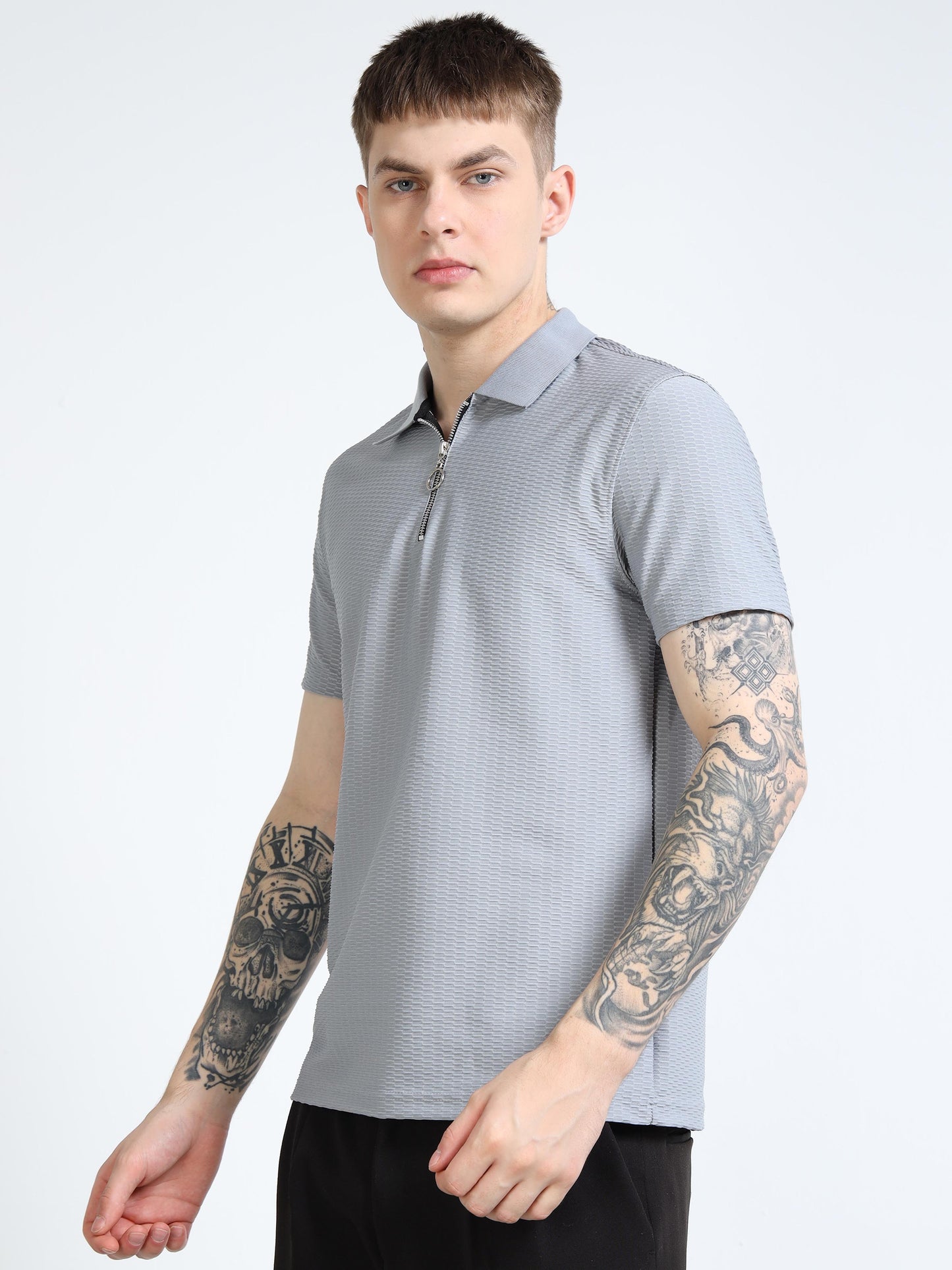 Men’s Textured Quarter-Zip Polo – Ash Grey