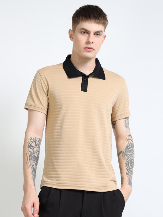 Men’s Contrast-Collar Textured Rib Polo – Sand/Black