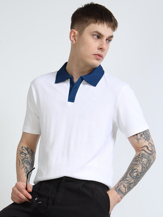Men’s Contrast-Collar Textured Polo – White/Navy