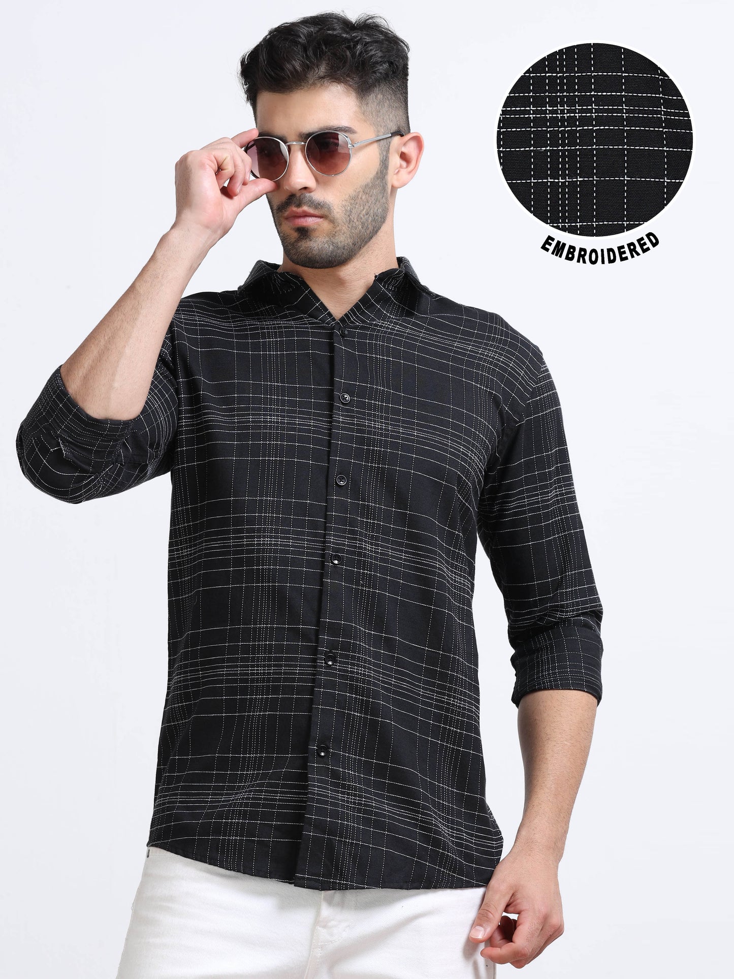 Black Men's Cotton Embroidered Checked Casual Shirt - Premium Comfort Fit