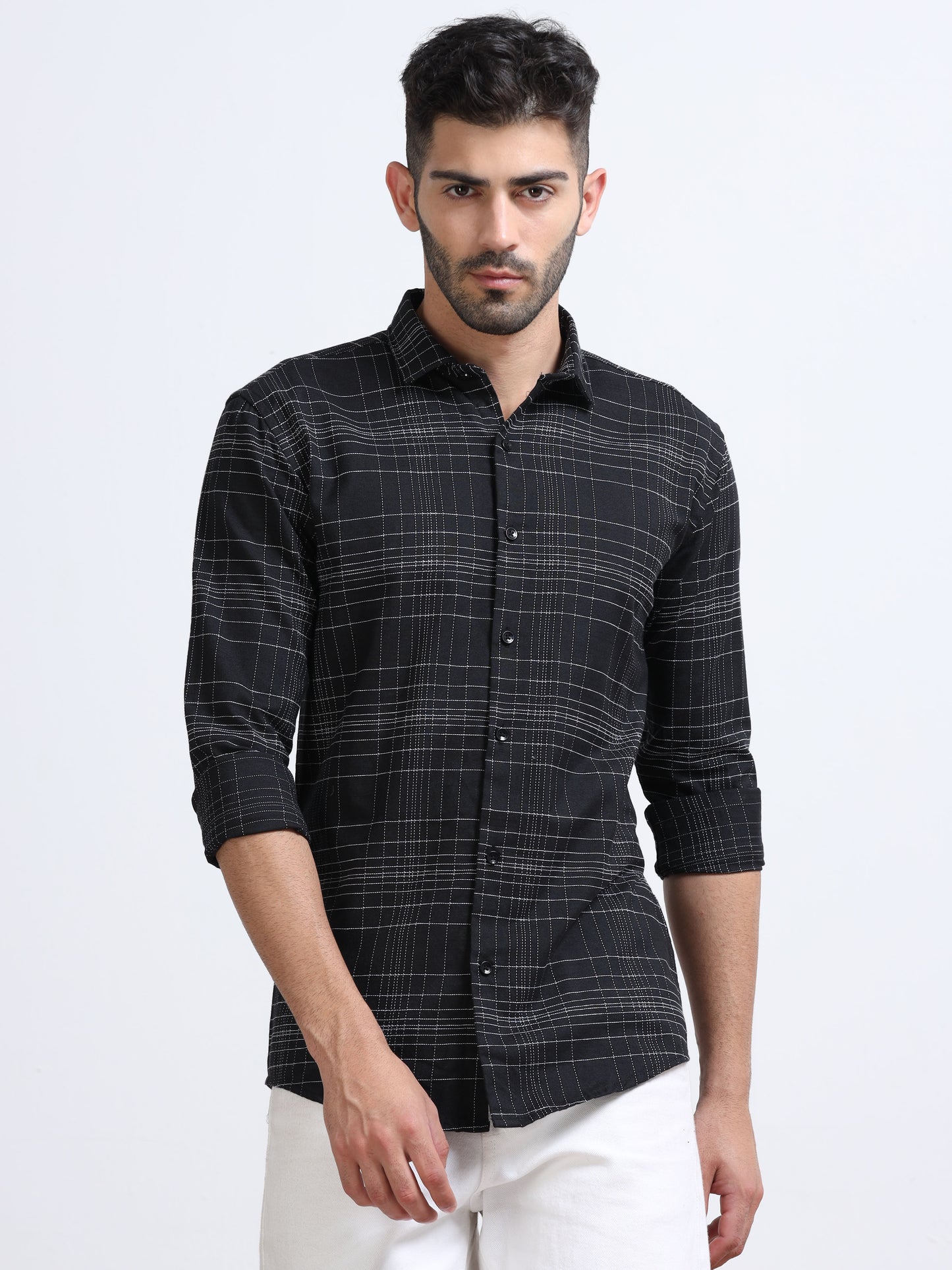 Black Men's Cotton Embroidered Checked Casual Shirt - Premium Comfort Fit
