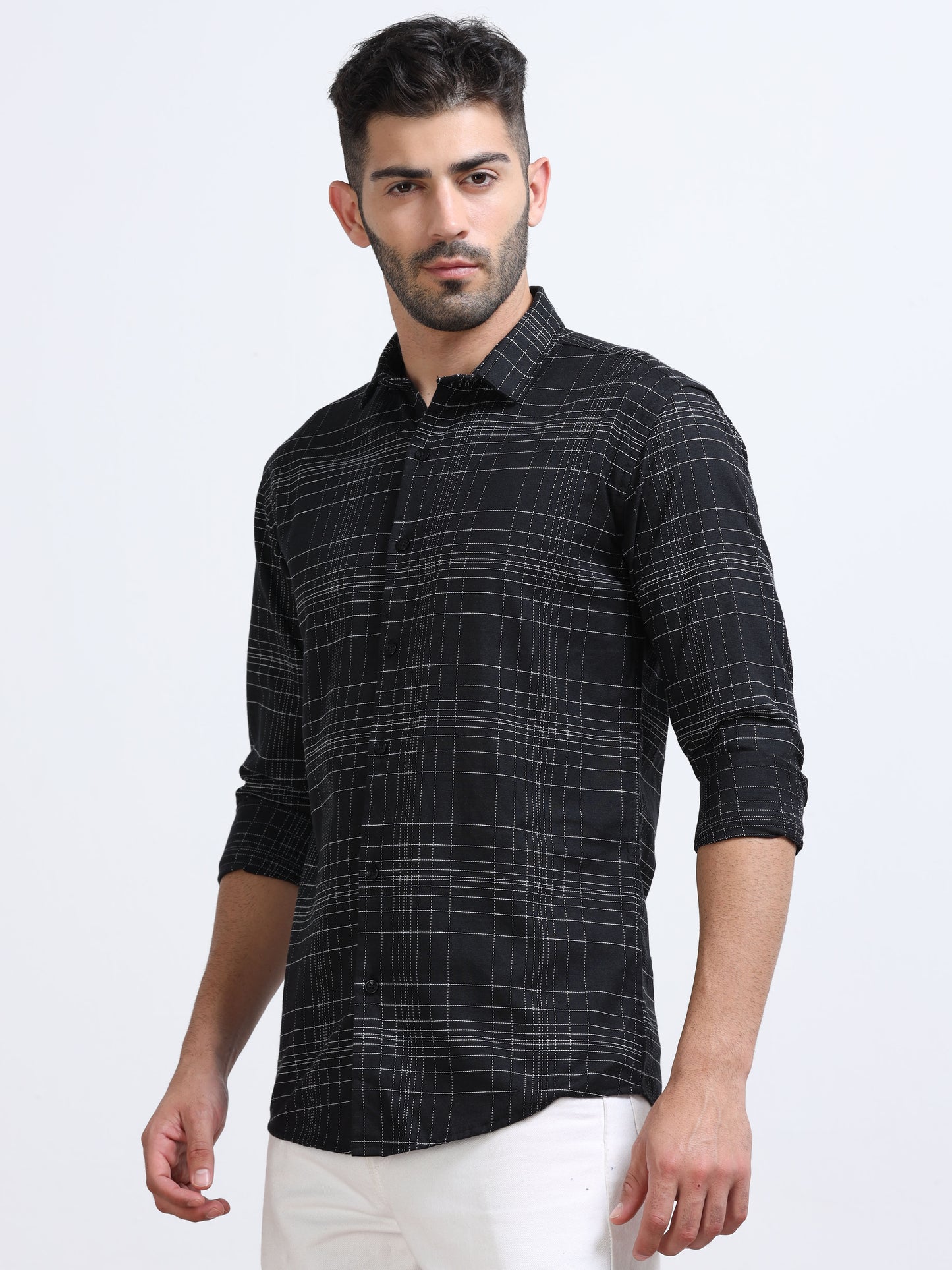 Black Men's Cotton Embroidered Checked Casual Shirt - Premium Comfort Fit