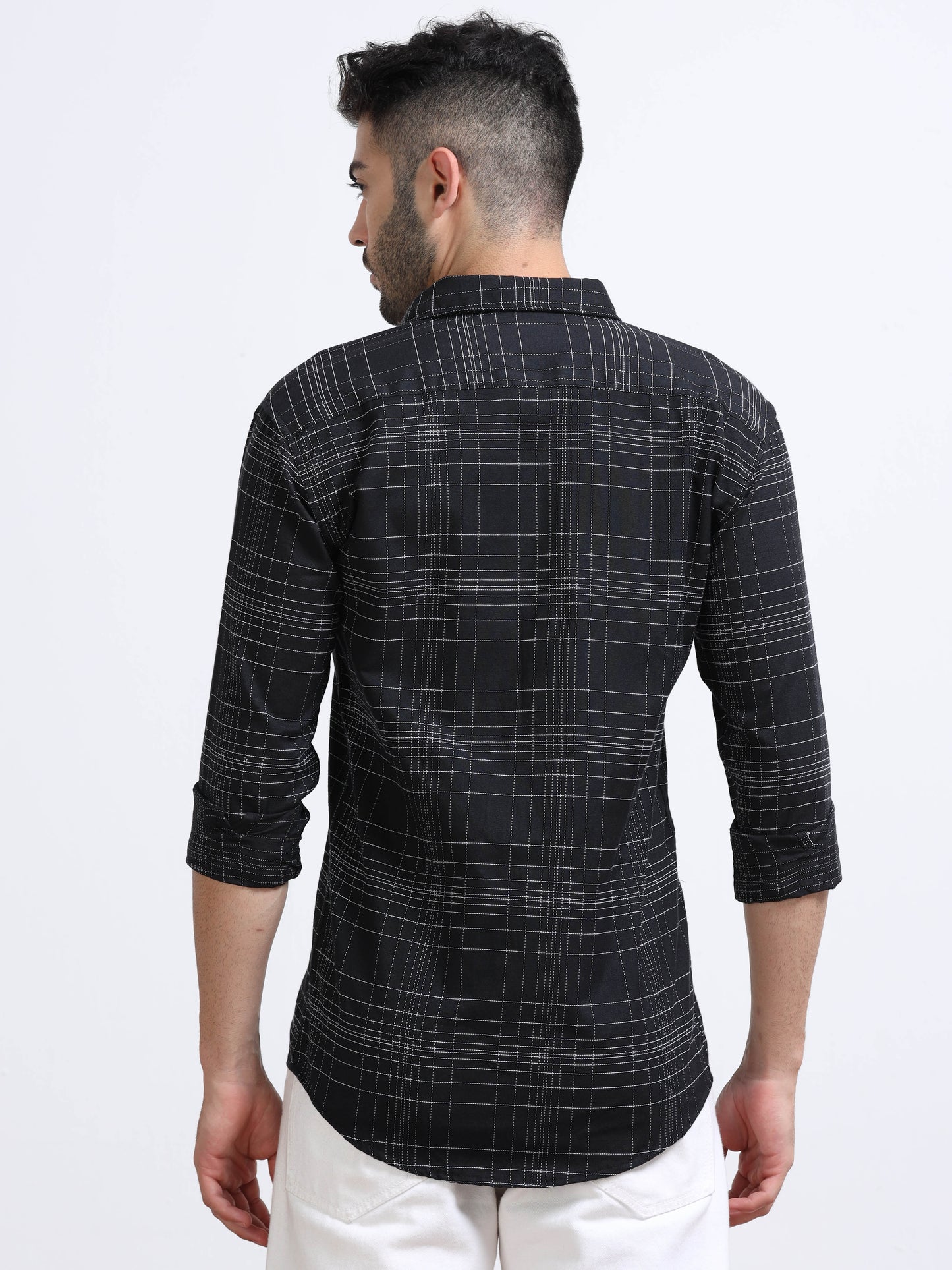 Black Men's Cotton Embroidered Checked Casual Shirt - Premium Comfort Fit