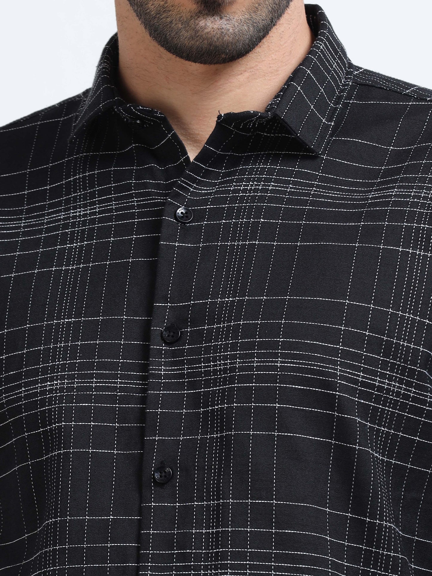 Black Men's Cotton Embroidered Checked Casual Shirt - Premium Comfort Fit