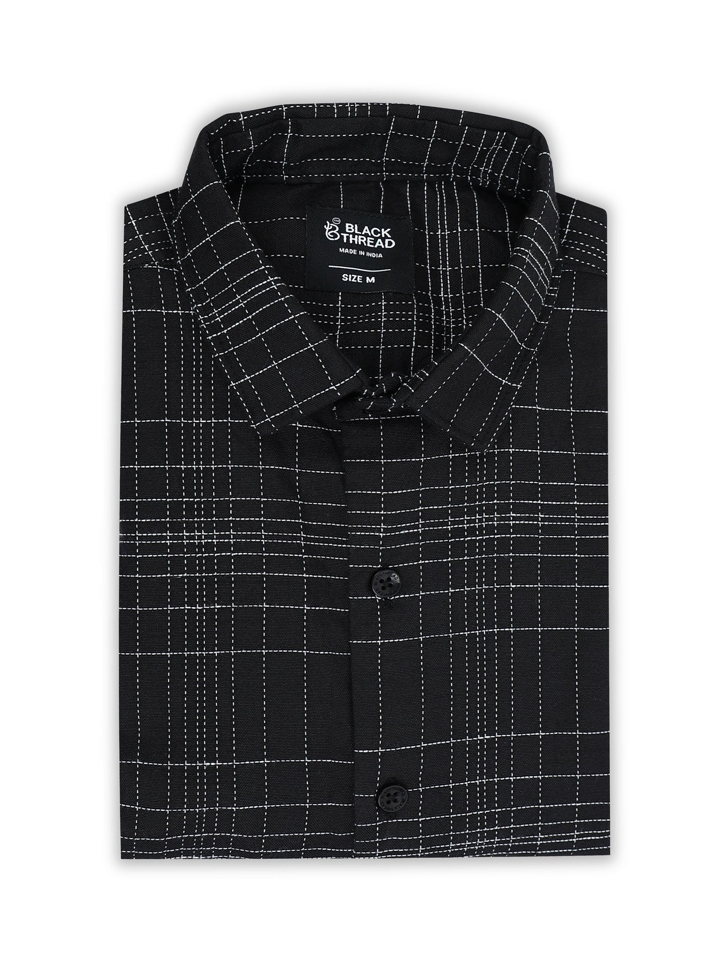 Black Men's Cotton Embroidered Checked Casual Shirt - Premium Comfort Fit