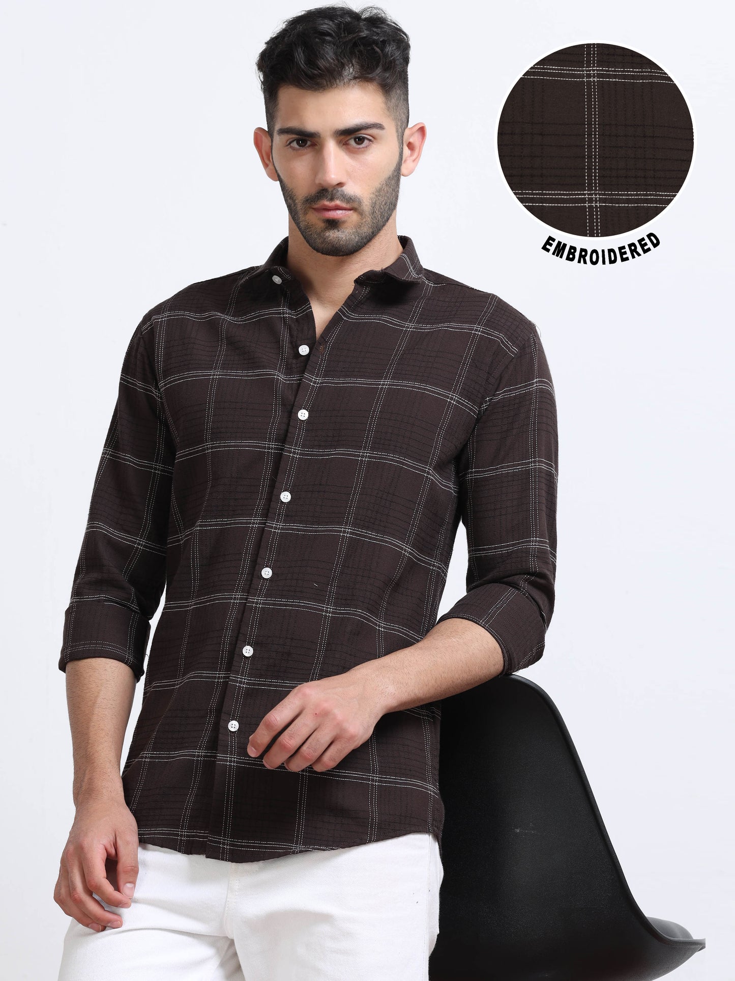 Dark Brown Men's Cotton Embroidered Checked Casual Shirt - Premium Comfort Fit