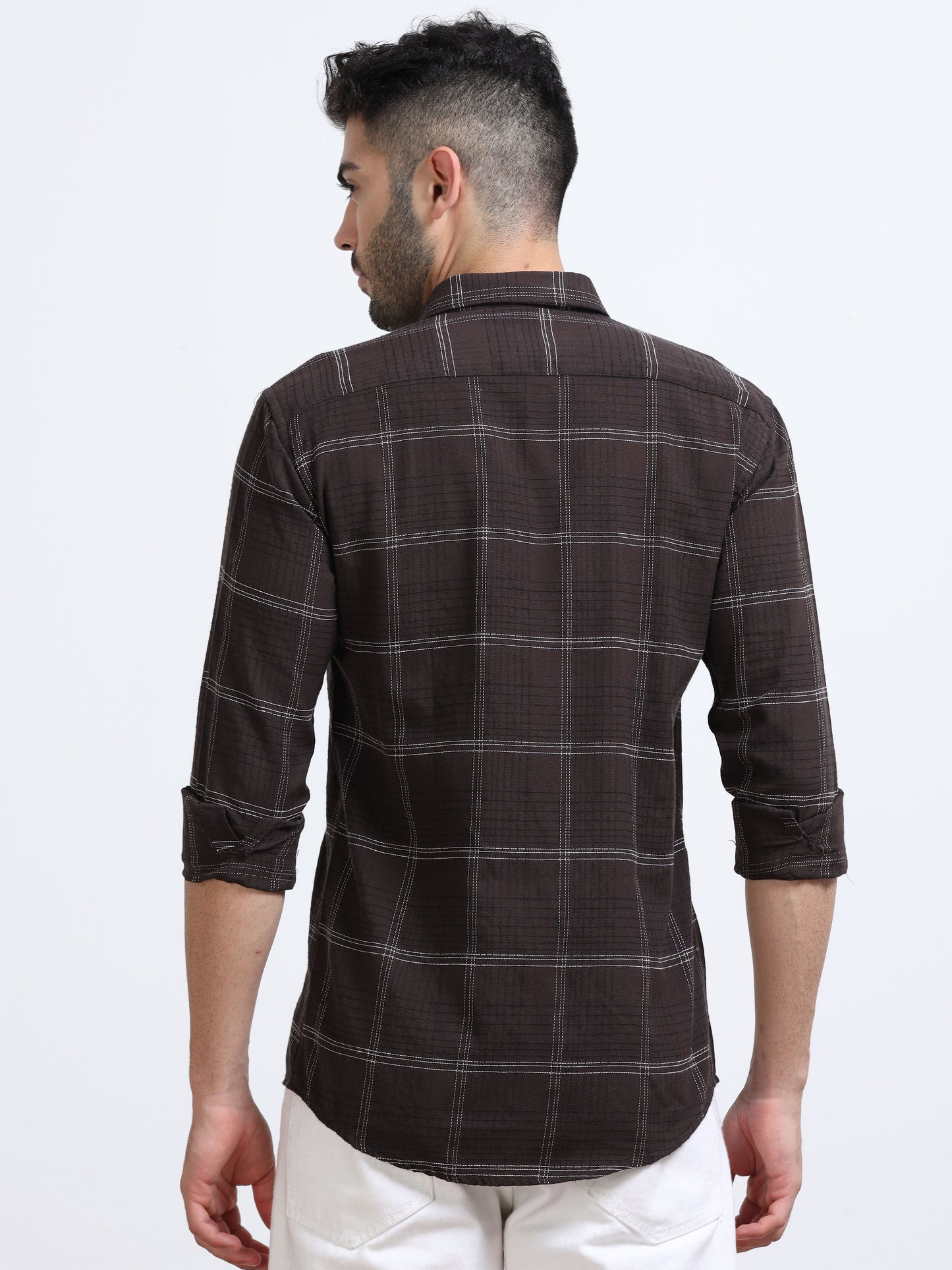 Dark Brown Men's Cotton Embroidered Checked Casual Shirt - Premium Comfort Fit