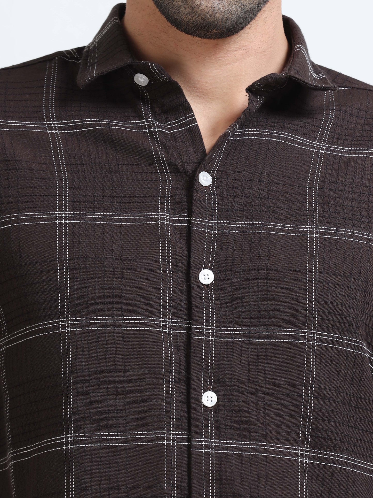 Dark Brown Men's Cotton Embroidered Checked Casual Shirt - Premium Comfort Fit