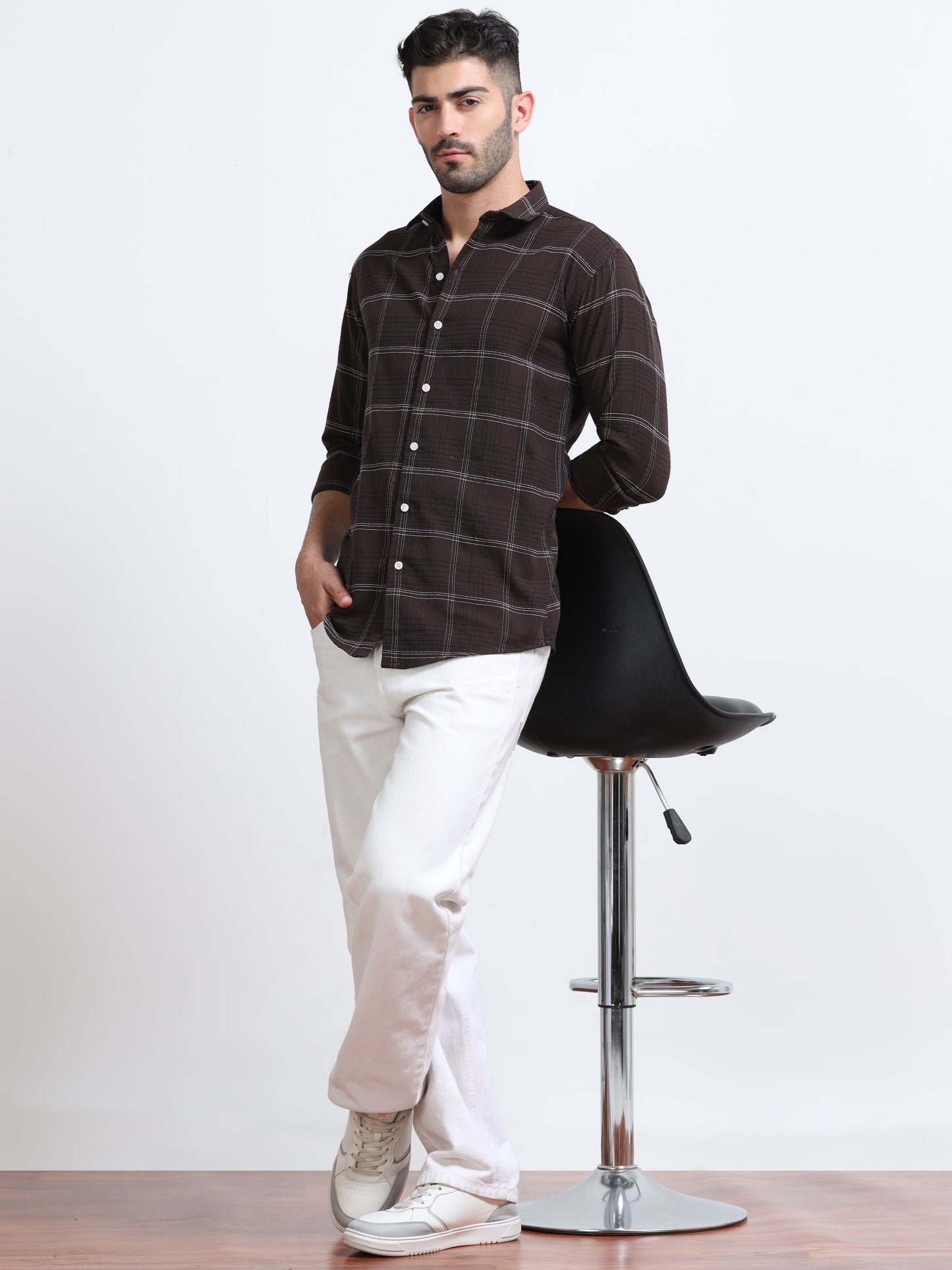 Dark Brown Men's Cotton Embroidered Checked Casual Shirt - Premium Comfort Fit
