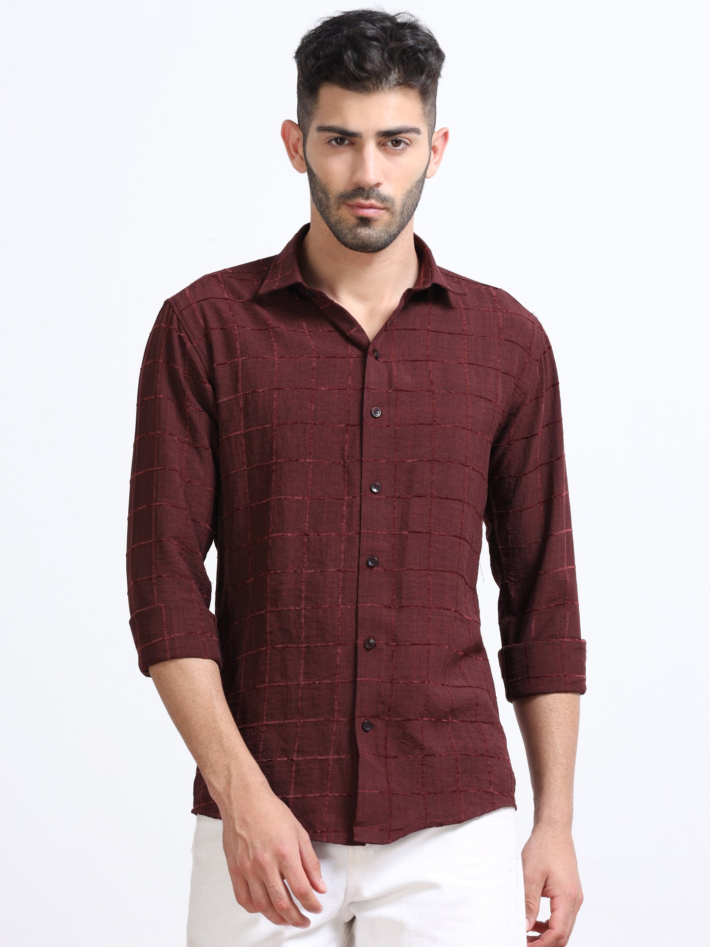 Maroon Men's Cotton Checks Design Casual Shirt - Premium Comfort Fit