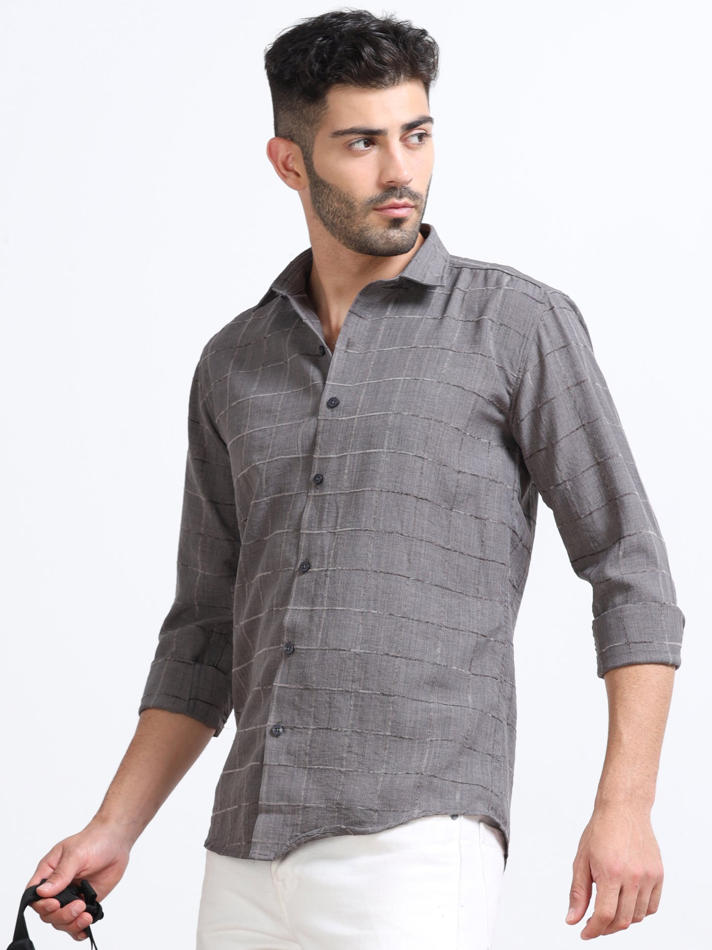 Grey Men's Cotton Checks Design Casual Shirt - Premium Comfort Fit