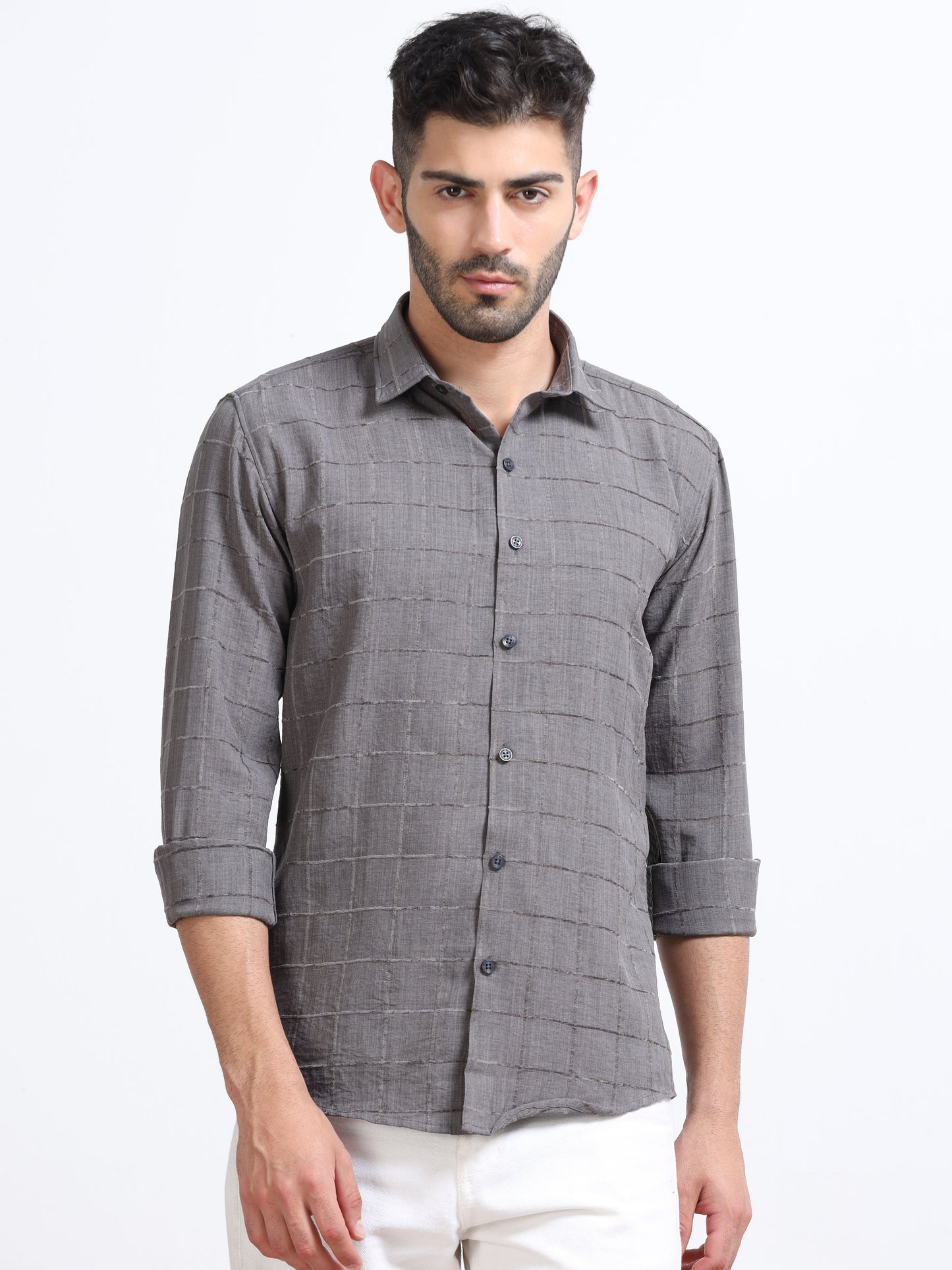Grey Men's Cotton Checks Design Casual Shirt - Premium Comfort Fit