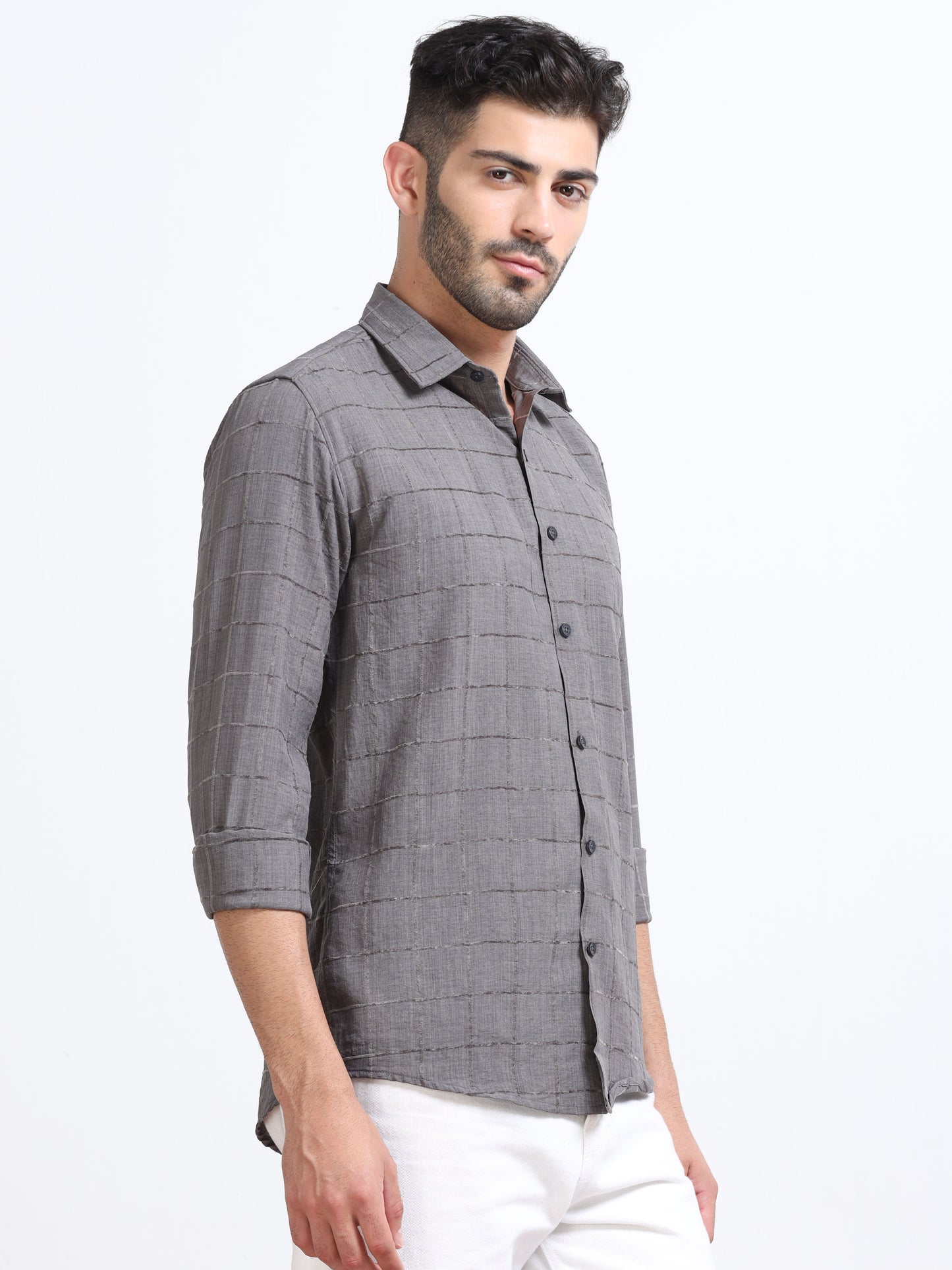 Grey Men's Cotton Checks Design Casual Shirt - Premium Comfort Fit