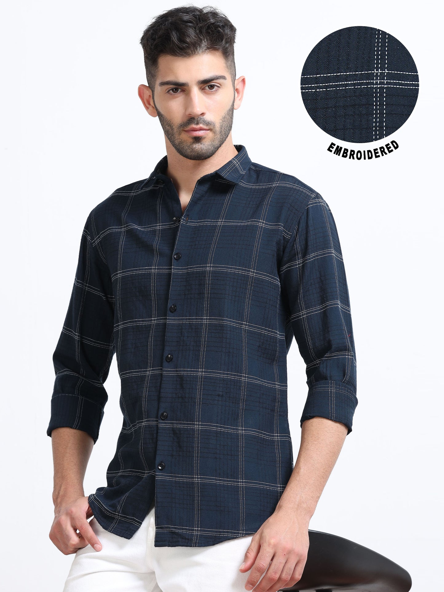 Dark Blue Men's Cotton Embroidered Checked Casual Shirt - Premium Comfort Fit