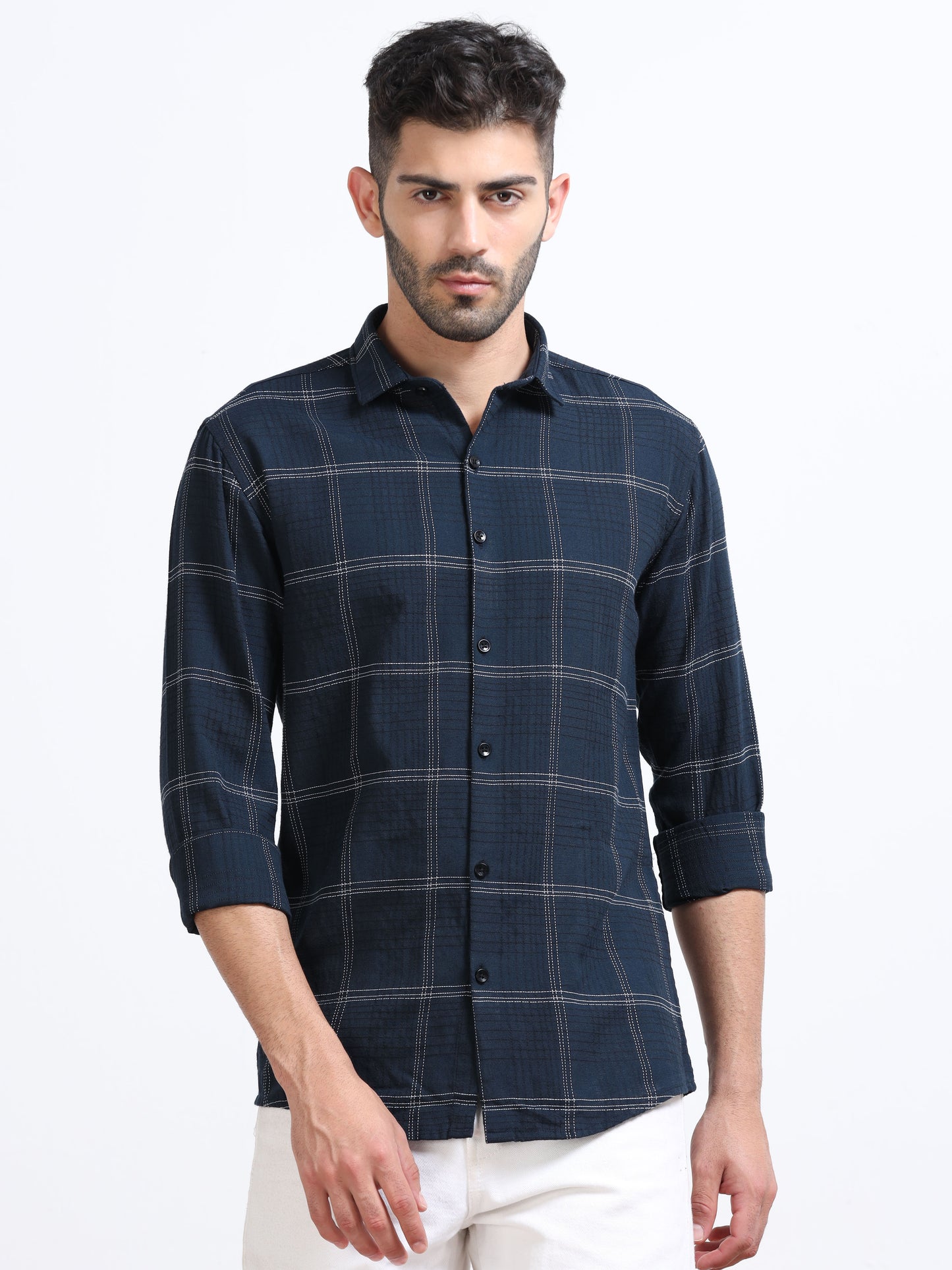 Dark Blue Men's Cotton Embroidered Checked Casual Shirt - Premium Comfort Fit