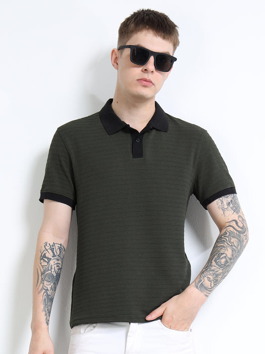 Men’s Contrast-Collar Textured Polo – Olive/Black