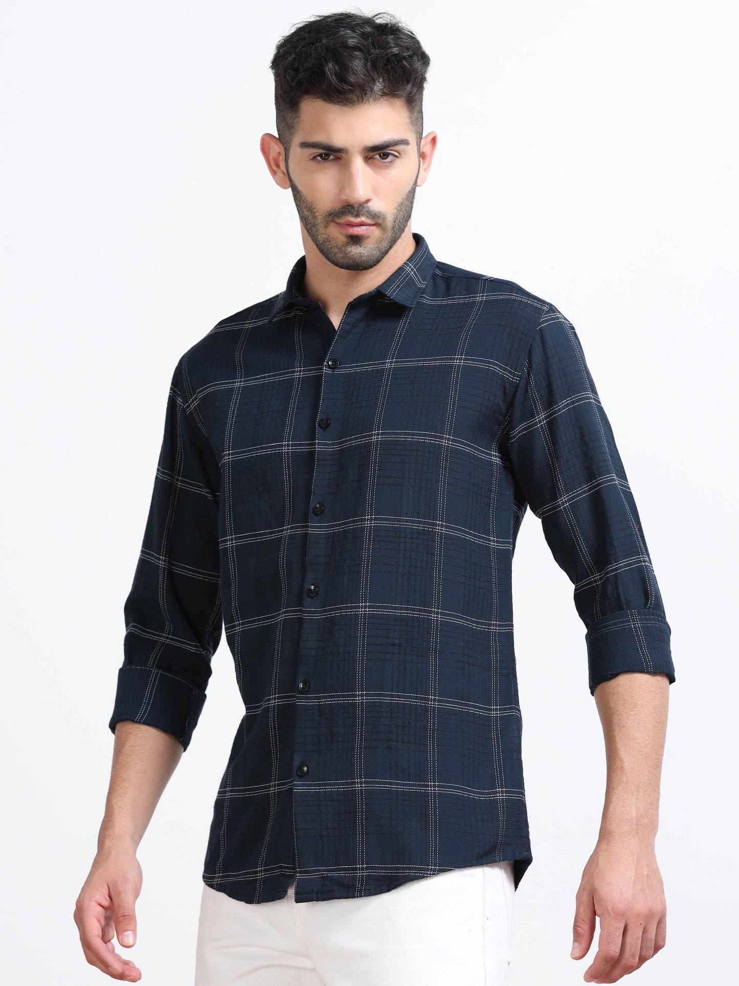 Dark Blue Men's Cotton Embroidered Checked Casual Shirt - Premium Comfort Fit