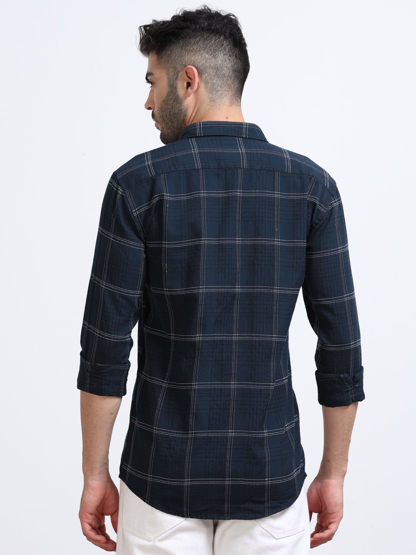 Dark Blue Men's Cotton Embroidered Checked Casual Shirt - Premium Comfort Fit