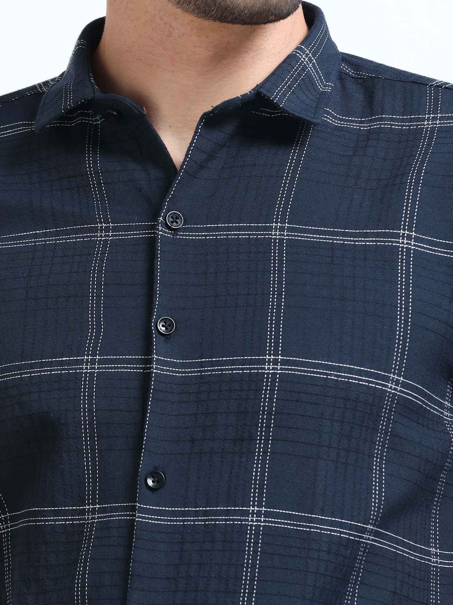 Dark Blue Men's Cotton Embroidered Checked Casual Shirt - Premium Comfort Fit