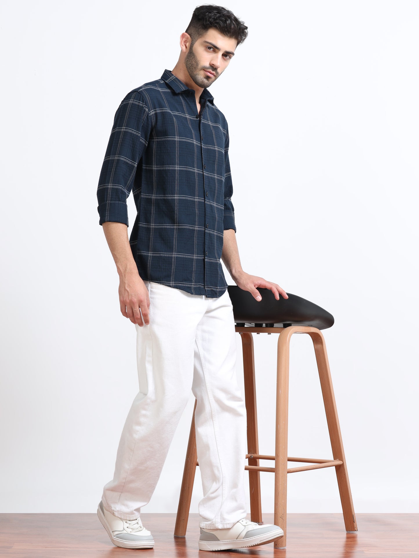 Dark Blue Men's Cotton Embroidered Checked Casual Shirt - Premium Comfort Fit