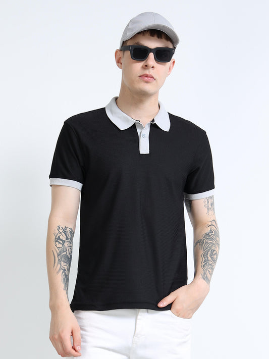 Men’s Contrast-Collar Textured Polo – Black/Grey