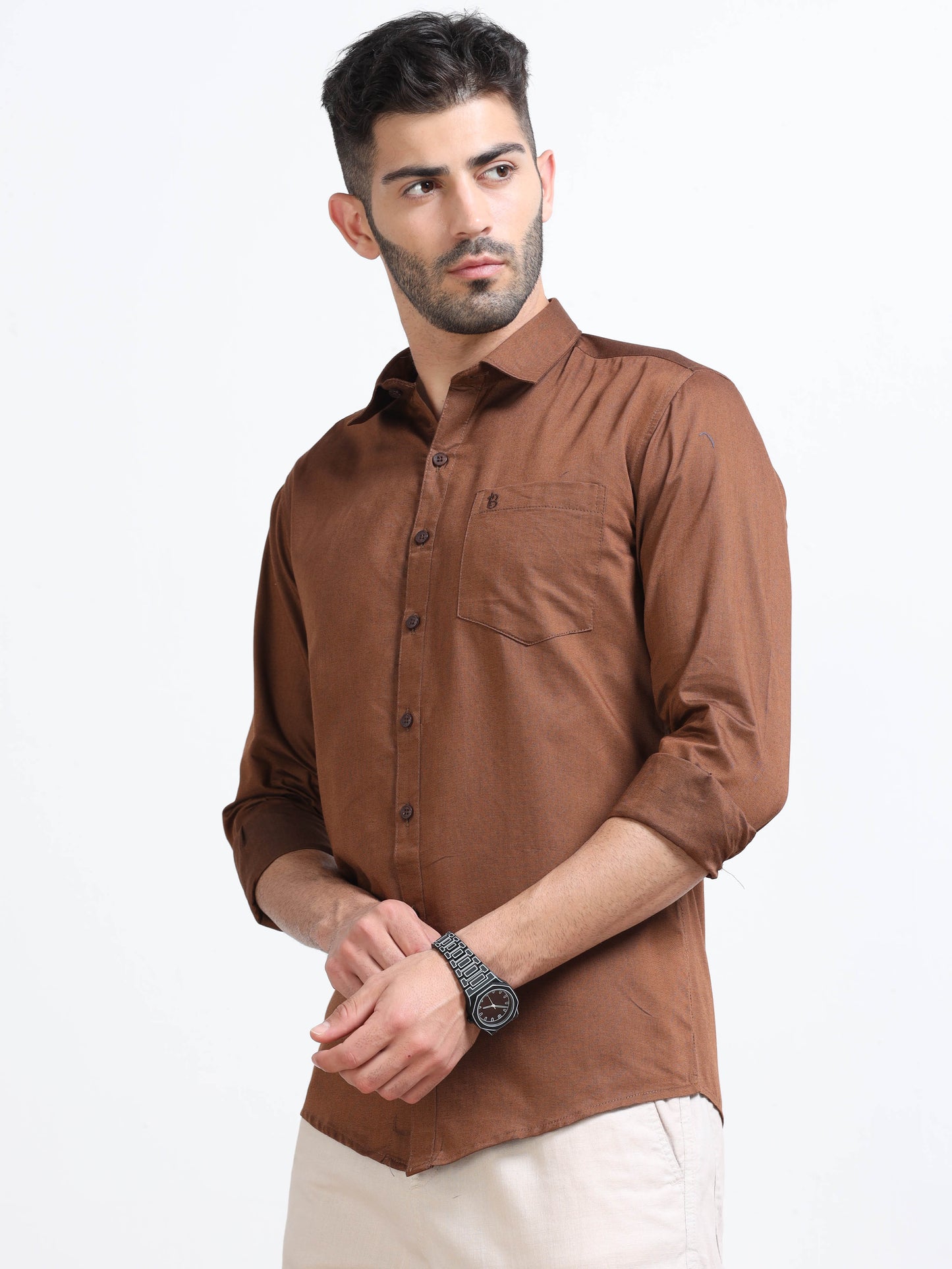 Coffee Brown Men's Cotton Plain Casual Shirt - Premium Comfort Fit