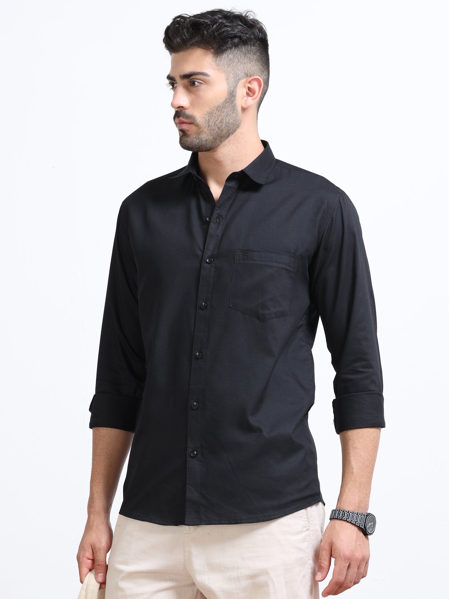 Black Men's Cotton Plain Casual Shirt - Premium Comfort Fit