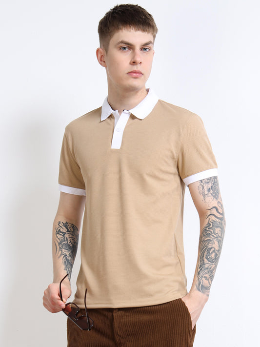 Men’s Contrast-Collar Polo – Sand/White