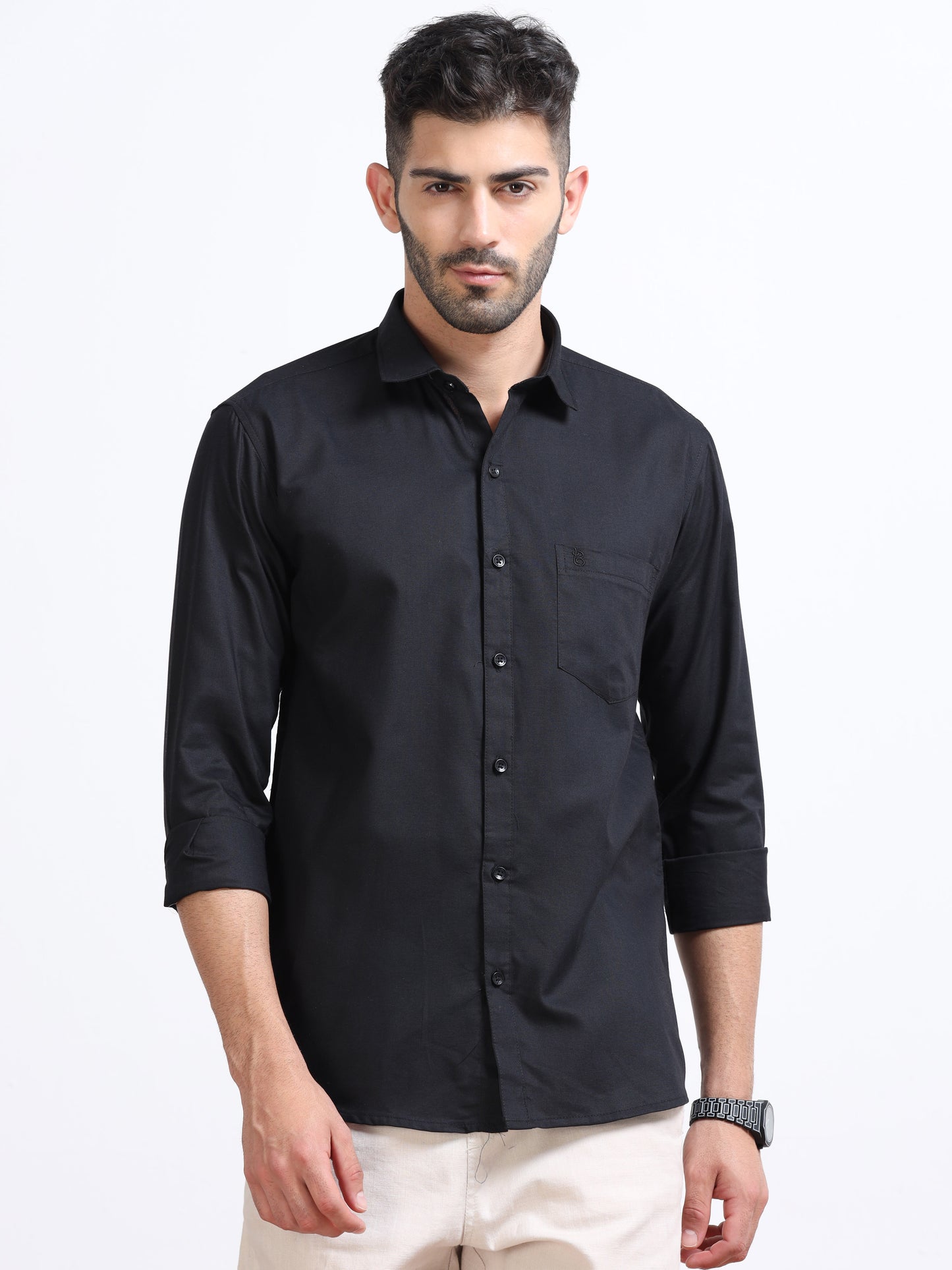 Black Men's Cotton Plain Casual Shirt - Premium Comfort Fit