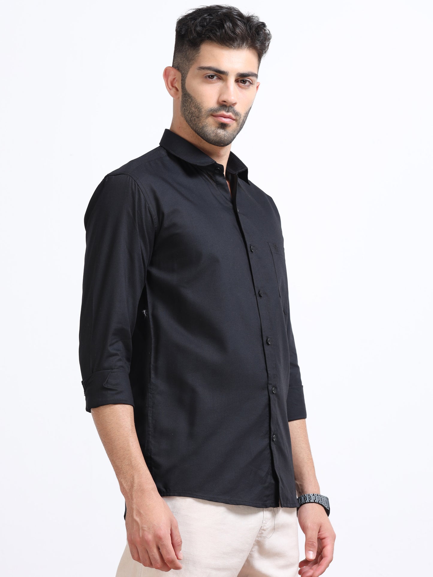 Black Men's Cotton Plain Casual Shirt - Premium Comfort Fit