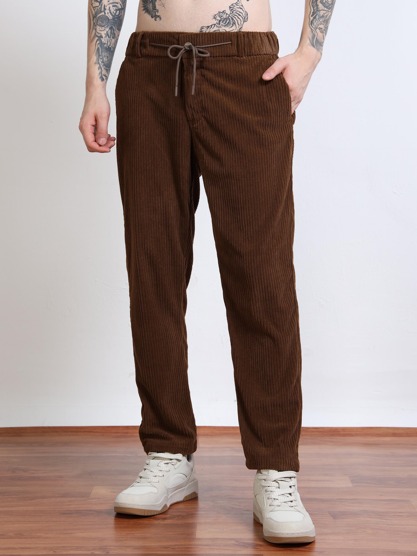 Men’s Corduroy Drawstring Lounge Trousers – Chocolate