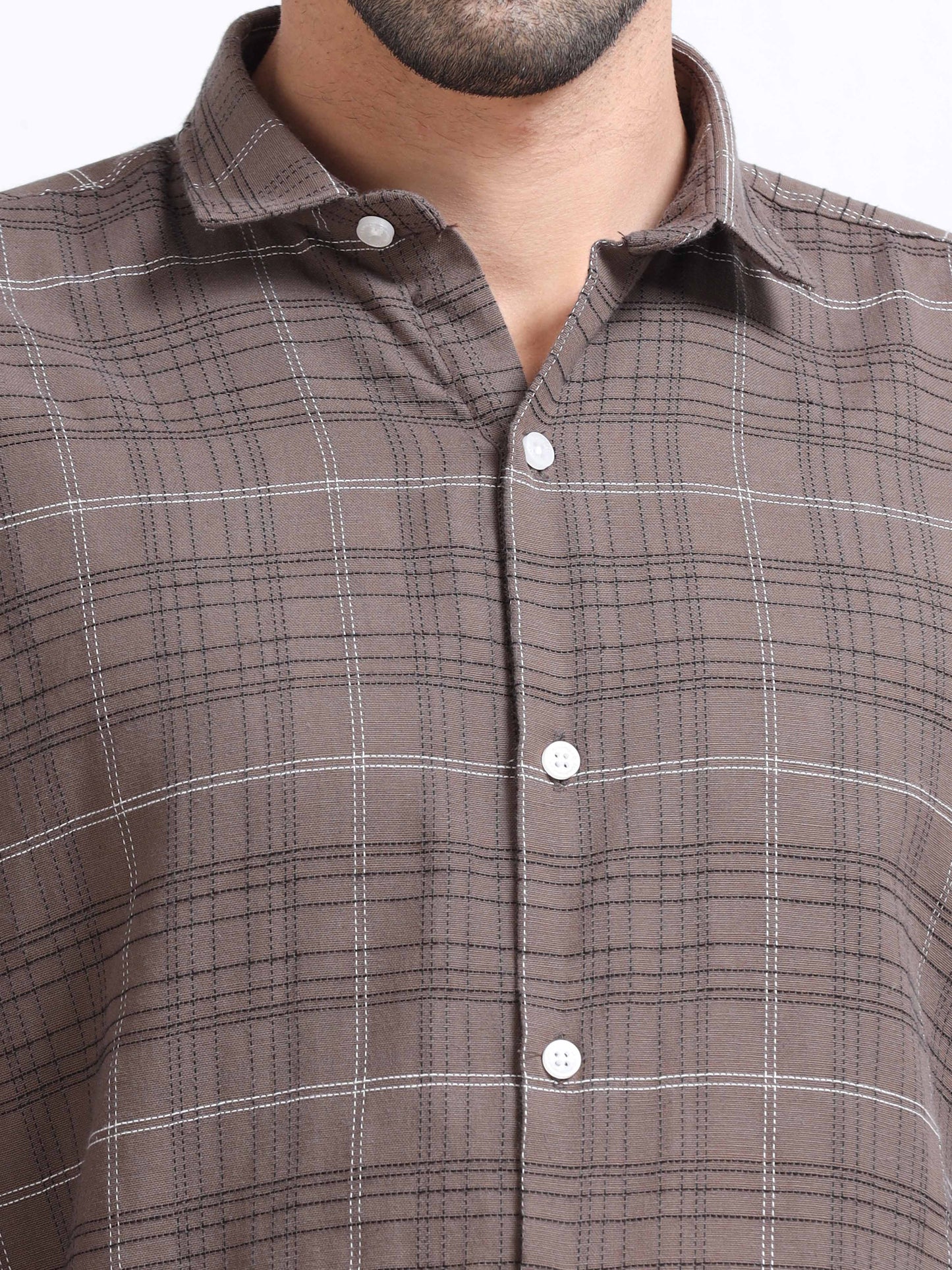 Brown Men's Cotton Embroidered Checked Casual Shirt - Premium Comfort Fit