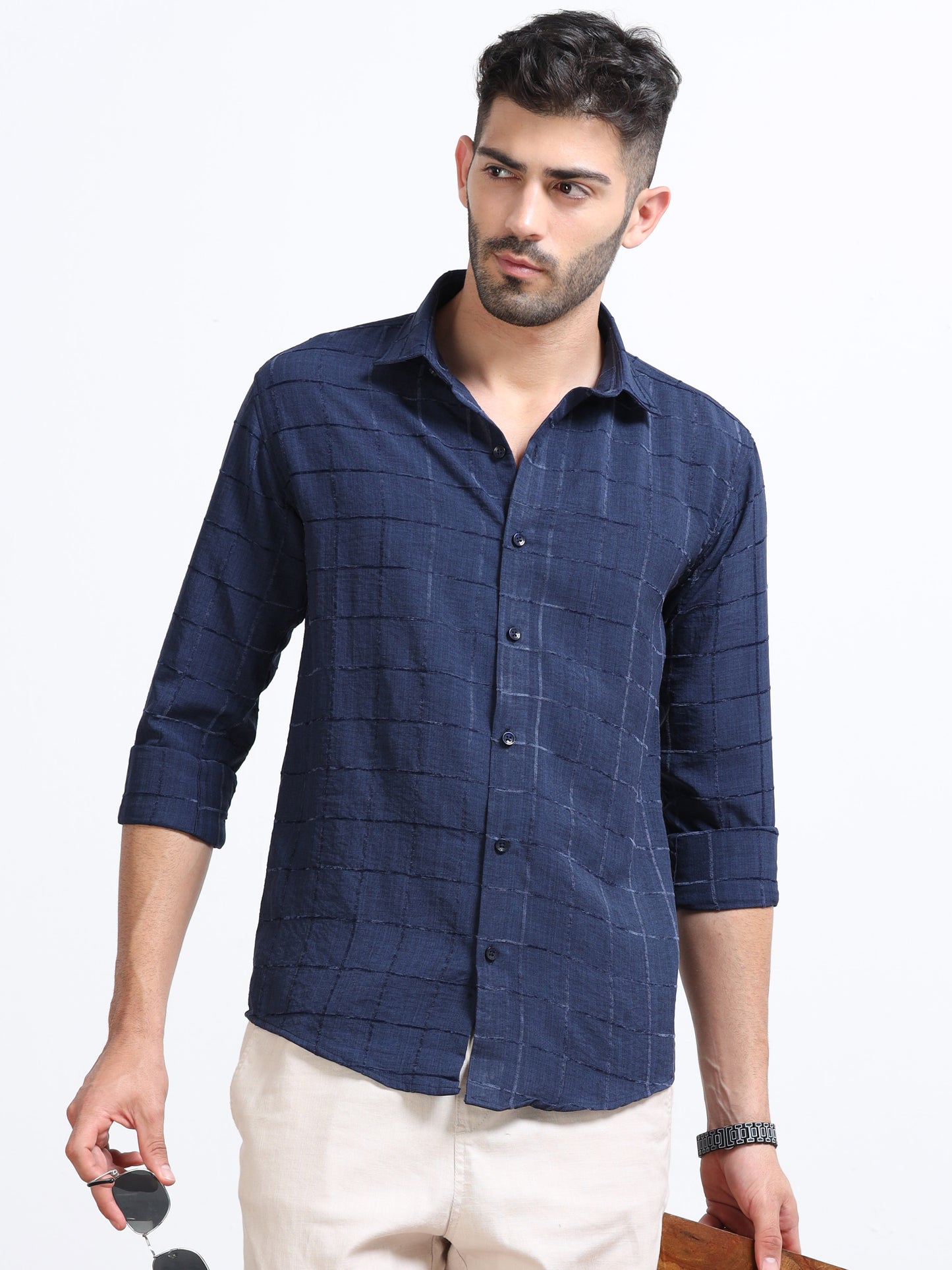 Navy Blue Men's Cotton Checks Design Casual Shirt - Premium Comfort Fit