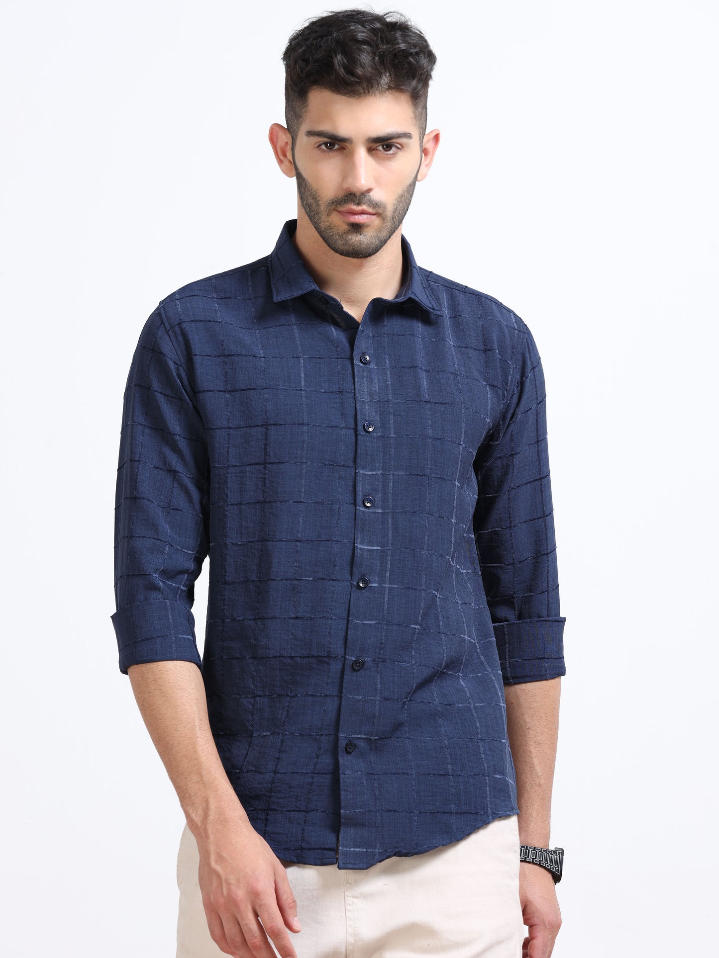 Navy Blue Men's Cotton Checks Design Casual Shirt - Premium Comfort Fit