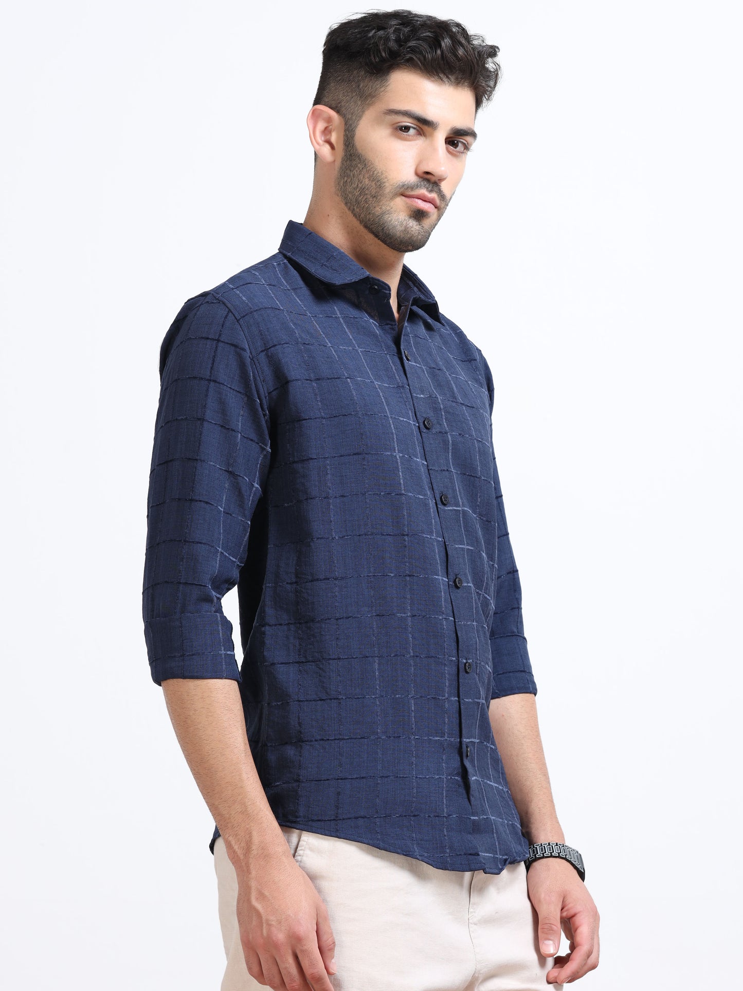 Navy Blue Men's Cotton Checks Design Casual Shirt - Premium Comfort Fit